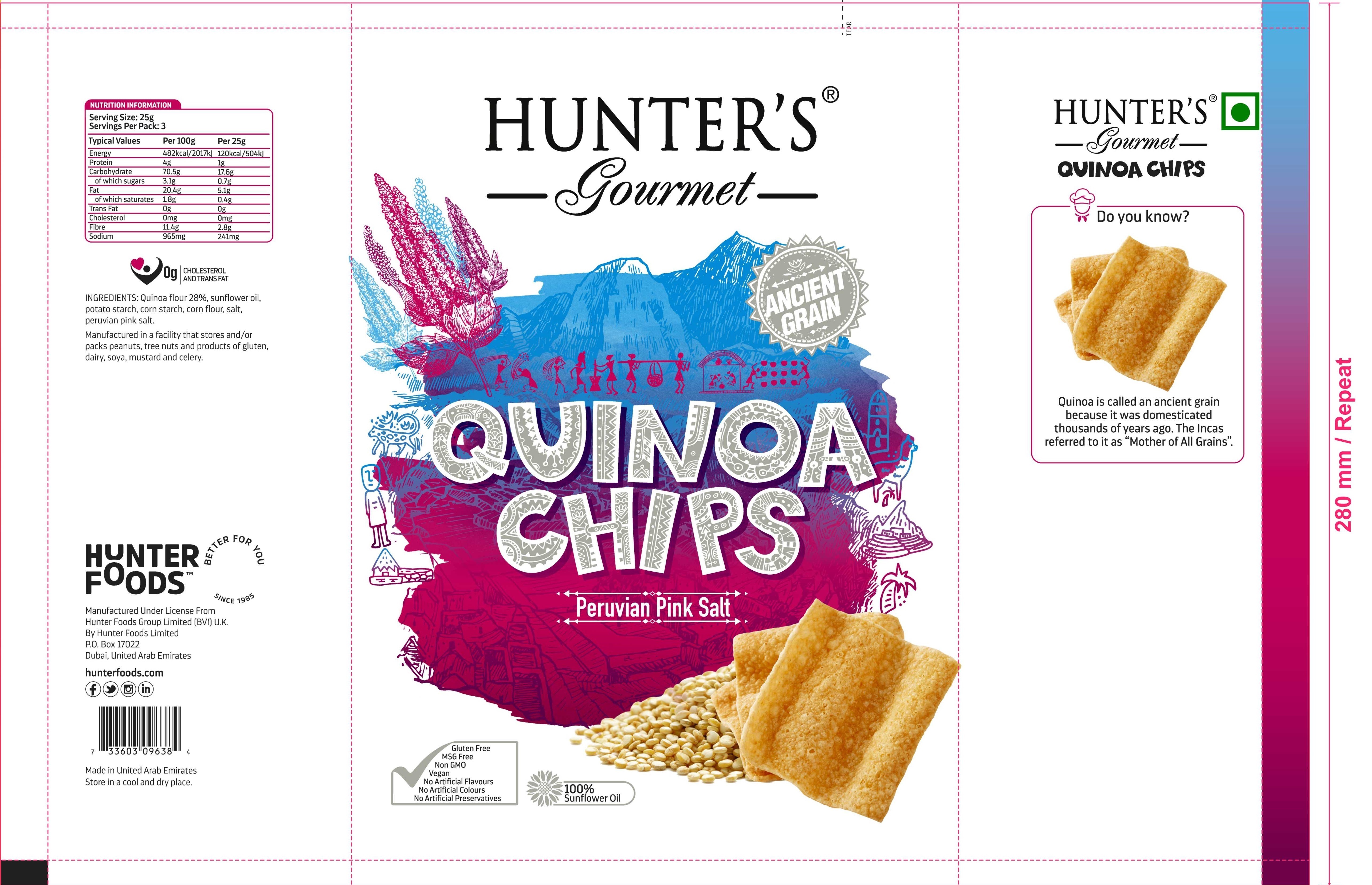 Hunter's Gourmet Quinoa Chips - Peruvian Pink Salt 12 units per case 75 g Product Label