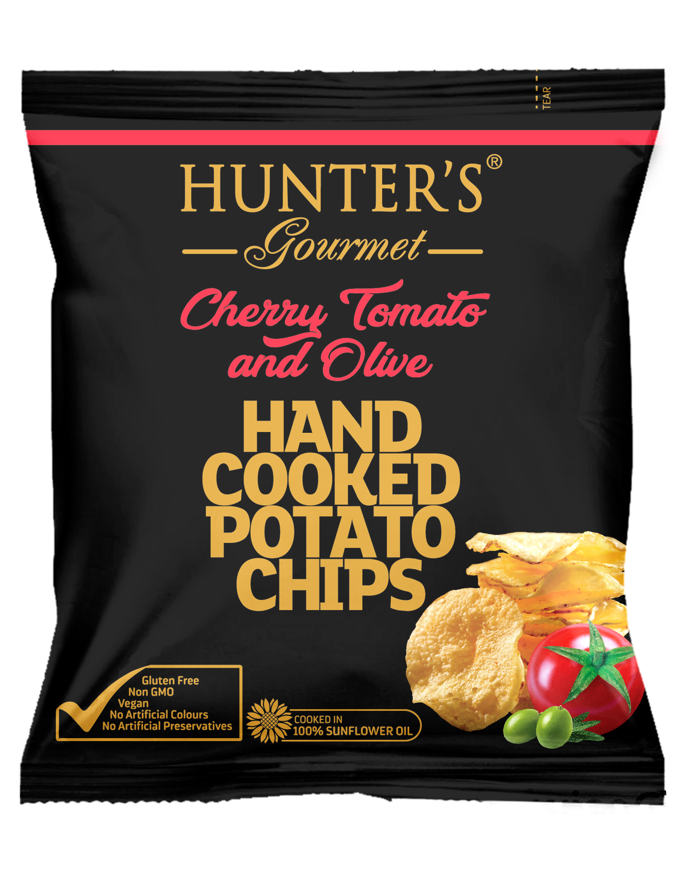 Hunter's Gourmet Hand Cooked Potato Chips Cherry Tomato and Olive 50 units per case 25 g