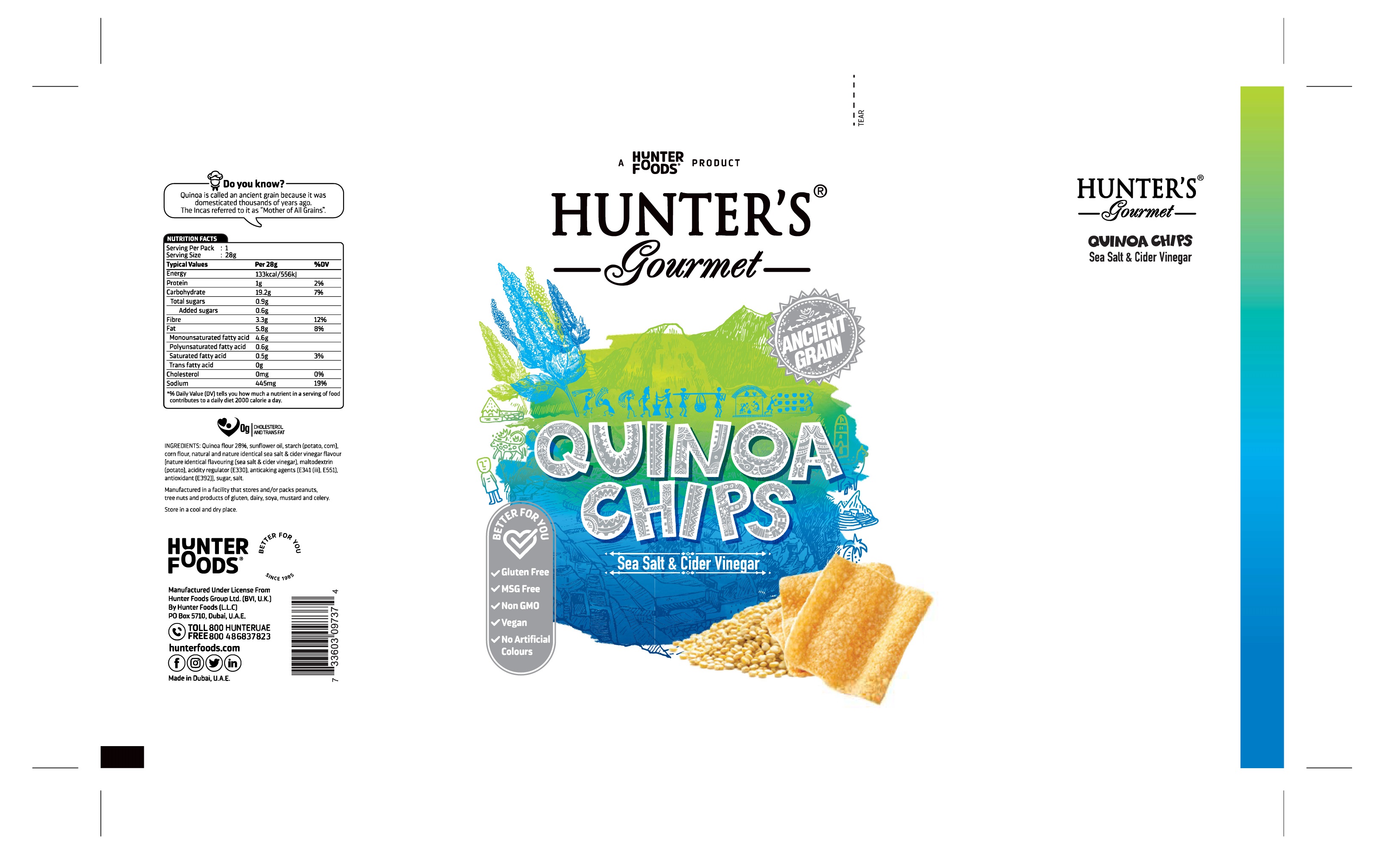 Hunter's Gourmet Quinoa Chips - Salt & Cider Vinegar 24 units per case 28 g Product Label