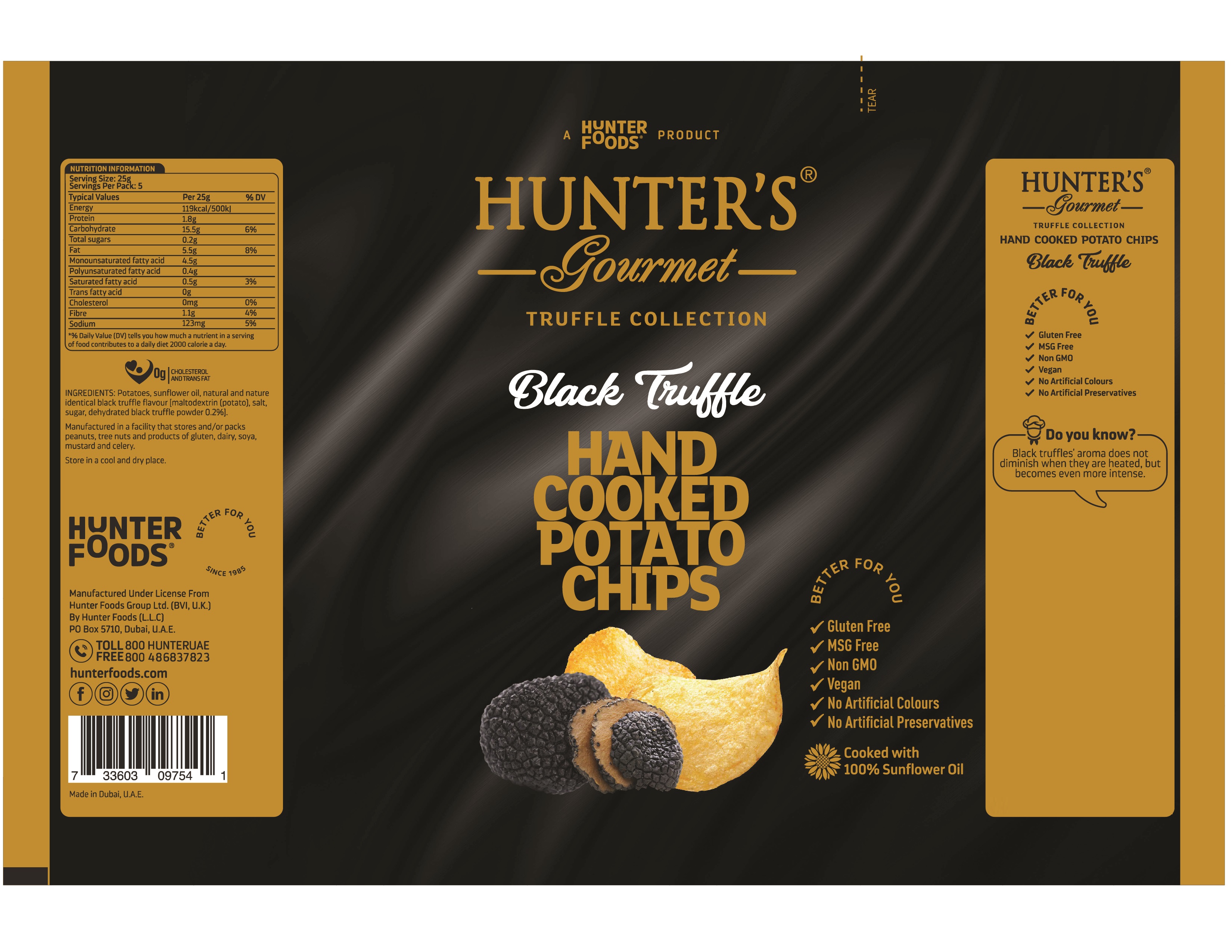 Hunter's Gourmet Hand Cooked Potato Chips Black Truffle 12 units per case 125 g Product Label