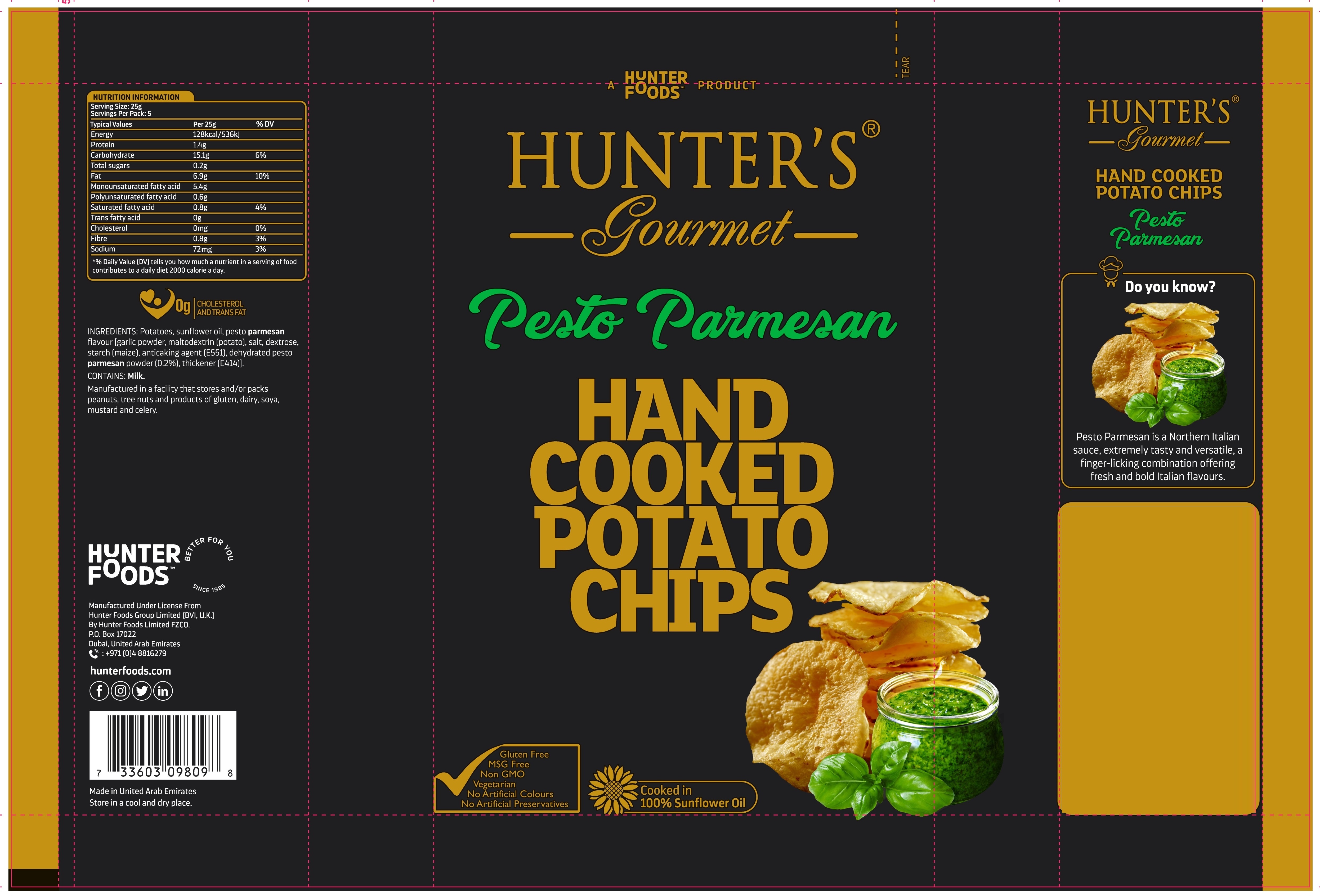 Hunter's Gourmet Hand Cooked Potato Chips Pesto Parmesan 12 units per case 125 g Product Label