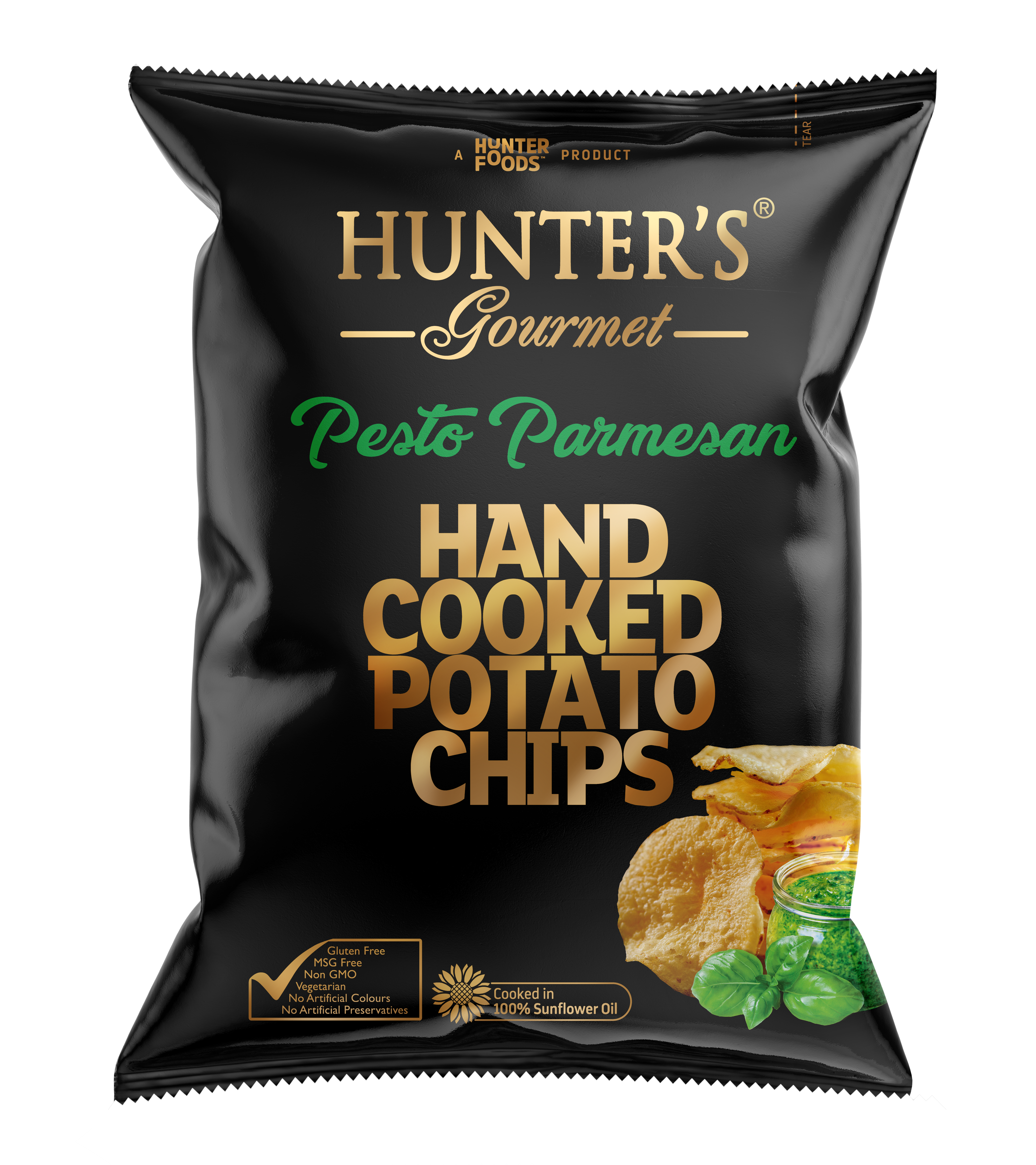 Hunter's Gourmet Hand Cooked Potato Chips Pesto Parmesan 12 units per case 125 g
