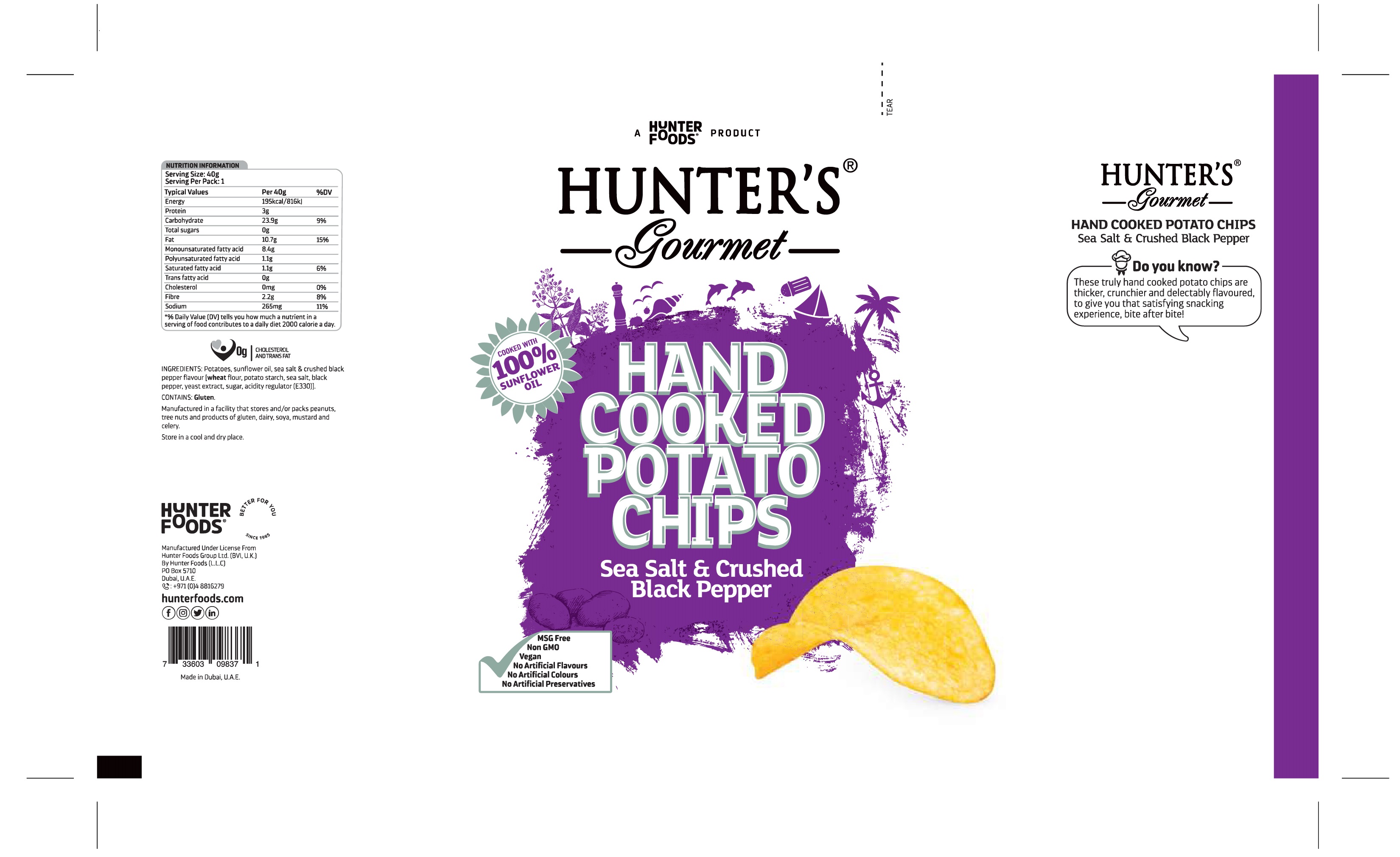 Hunter's Gourmet Hand Cooked Potato Chips Sea Salt & Crushed Black Pepper 24 units per case 40 g Product Label