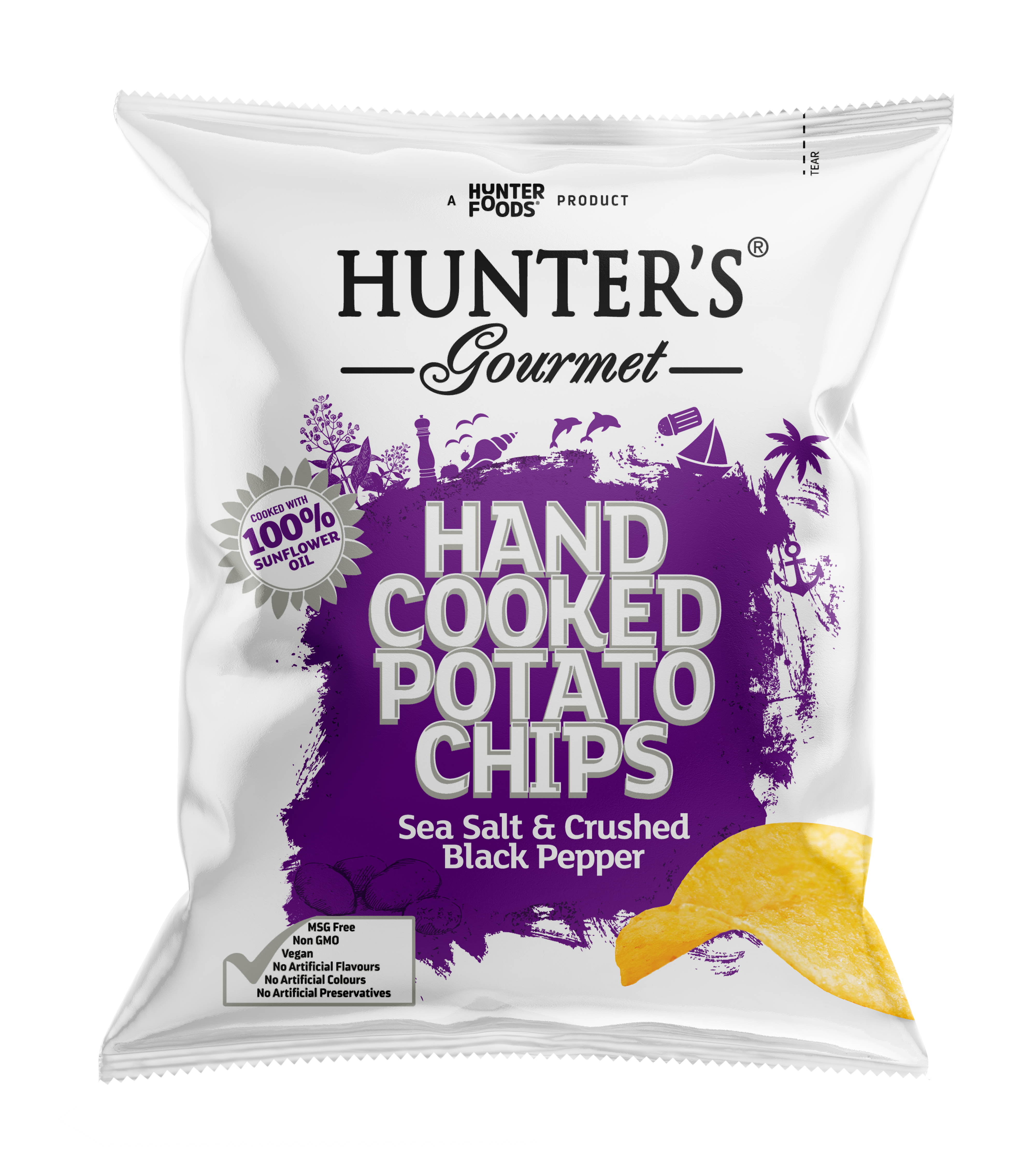 Hunter's Gourmet Hand Cooked Potato Chips Sea Salt & Crushed Black Pepper 24 units per case 40 g