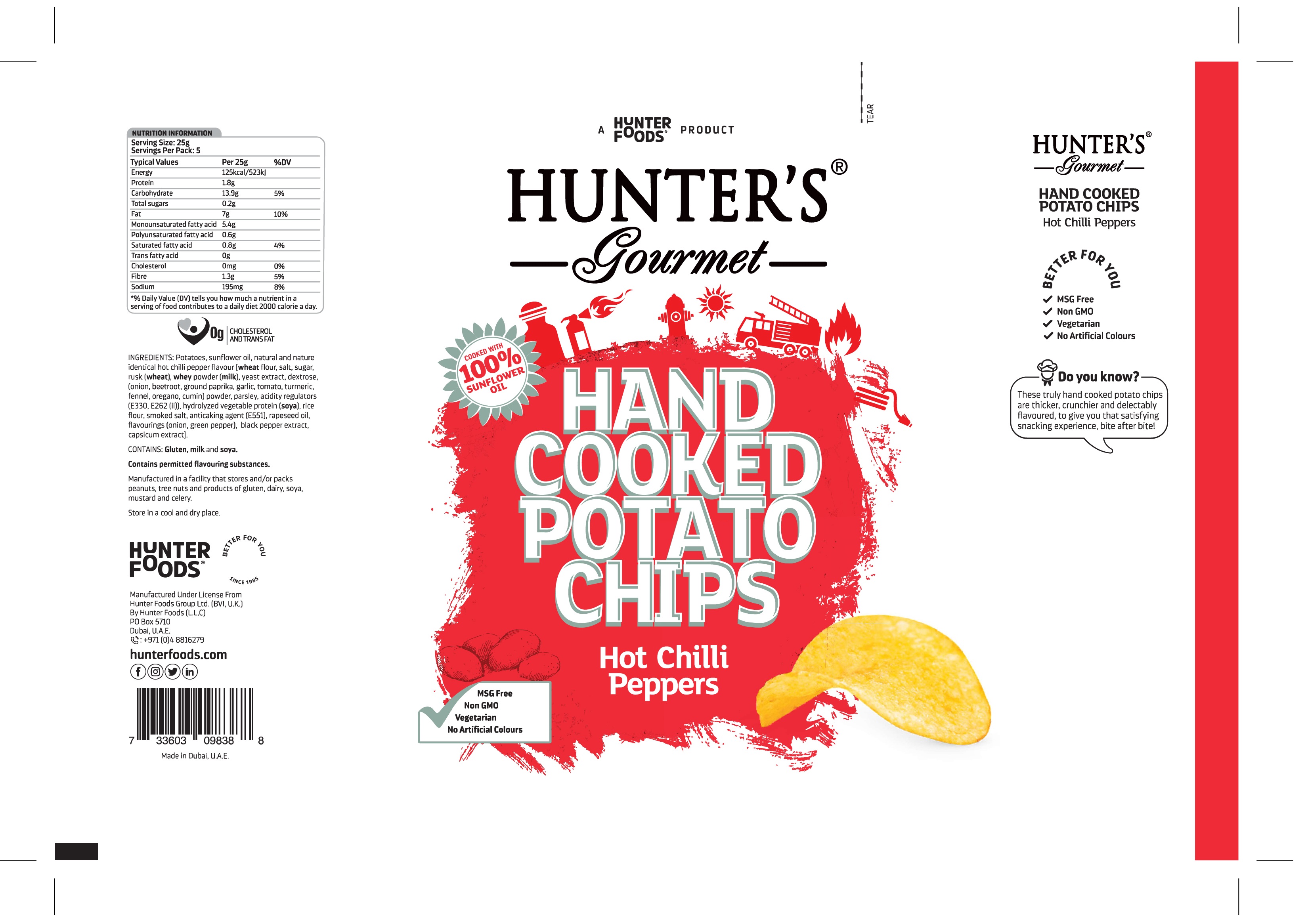 Hunter's Gourmet Hand Cooked Potato Chips Hot Chilli Peppers 12 units per case 125 g Product Label