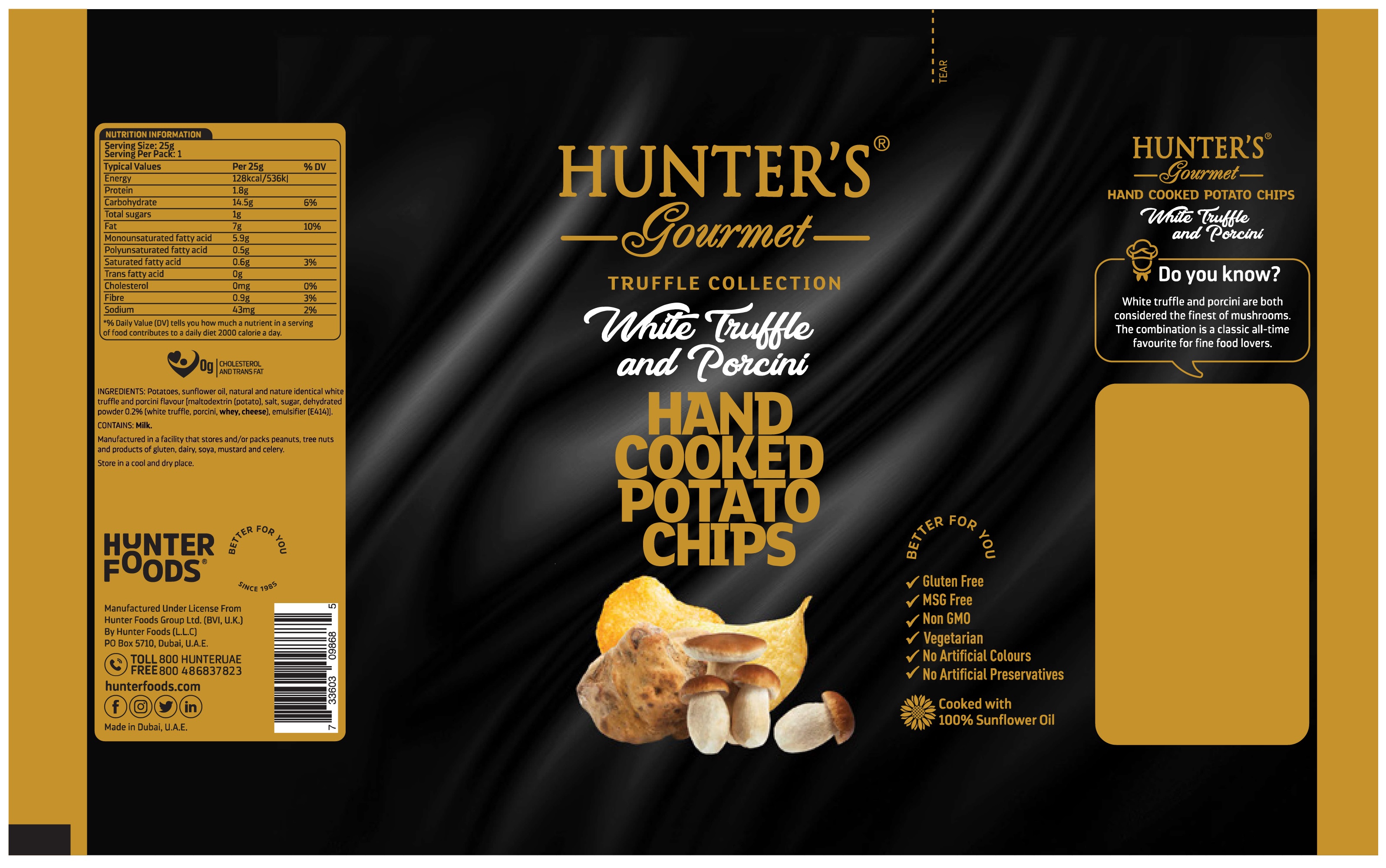Hunter's Gourmet Hand Cooked Potato Chips White Truffle and Porcini 50 units per case 25 g Product Label