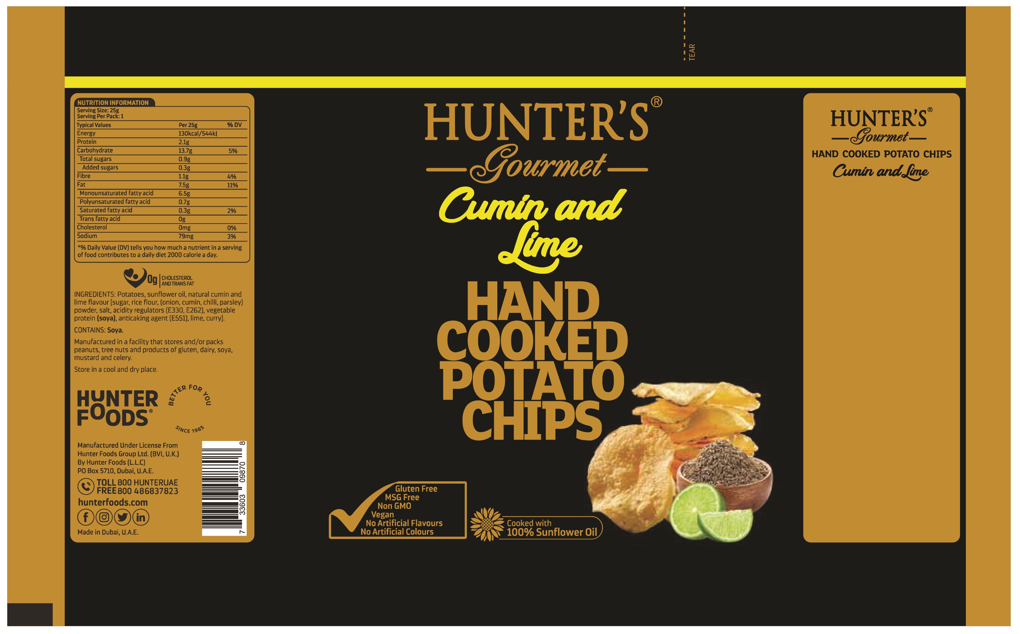 Hunter's Gourmet Hand Cooked Potato Chips Cumin and Lime 50 units per case 25 g Product Label