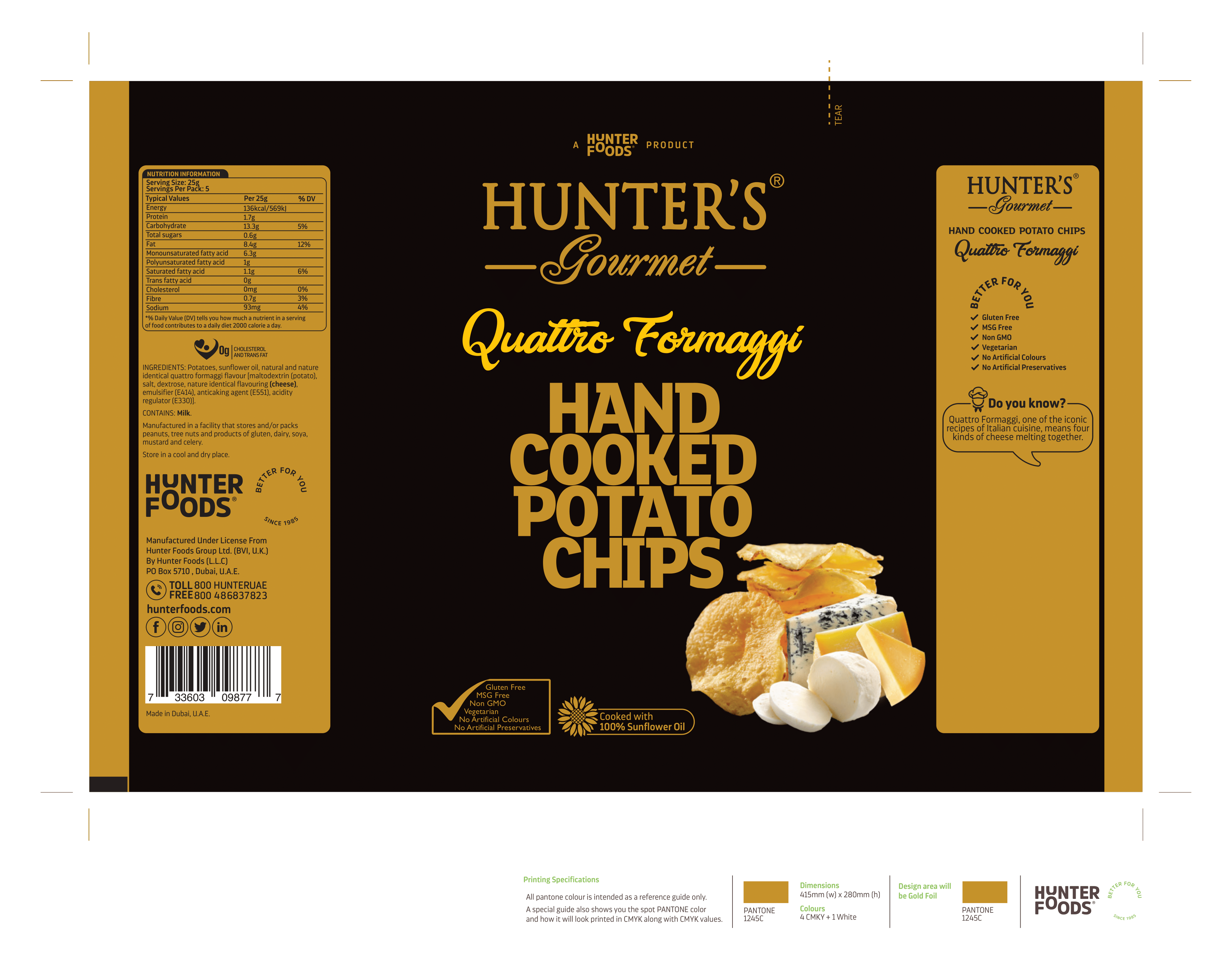 Hunter's Gourmet Hand Cooked Potato Chips Quattro Formaggi 12 units per case 125 g Product Label