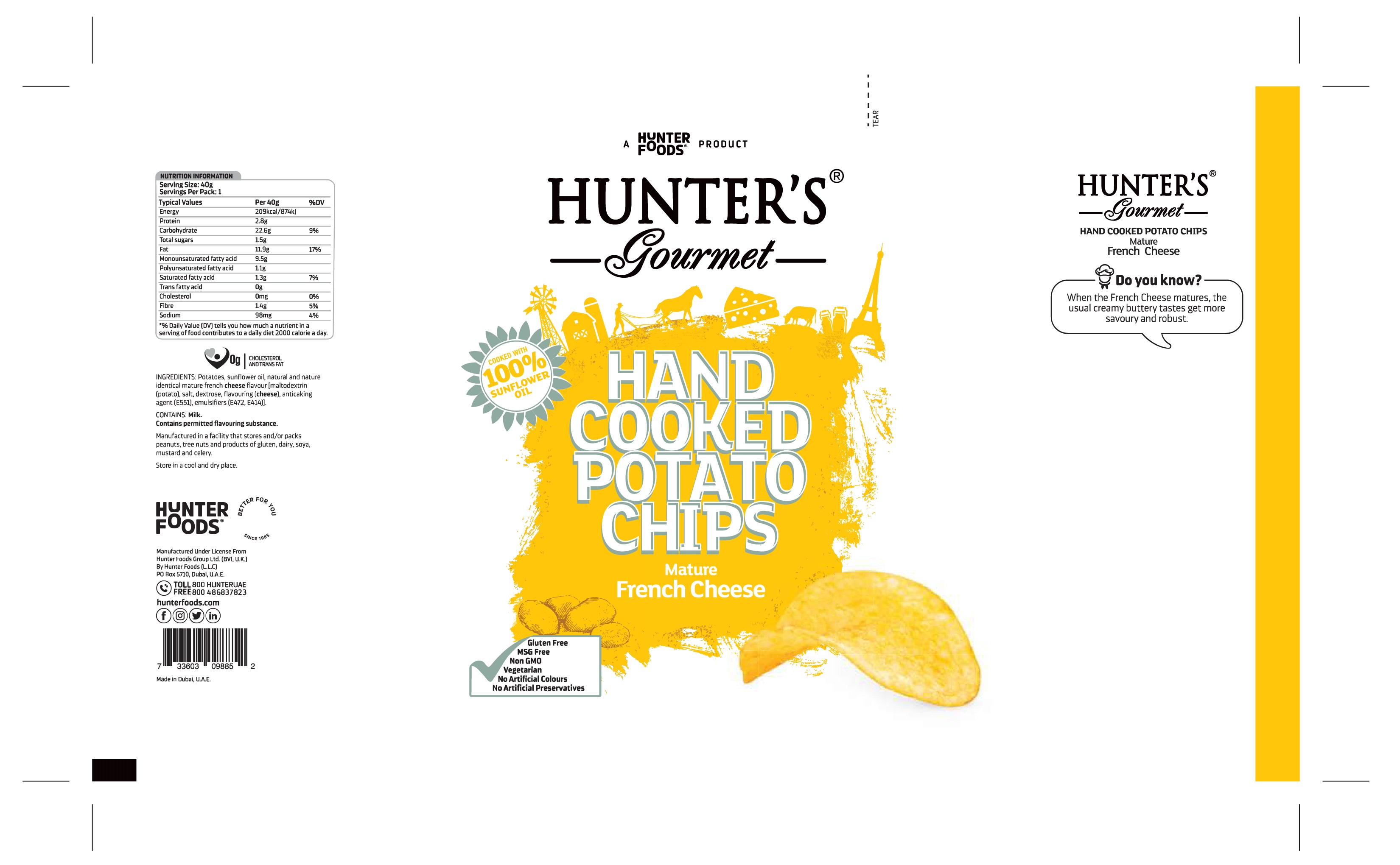 Hunter's Gourmet Hand Cooked Potato Chips Mature French Cheese 24 units per case 40 g Product Label