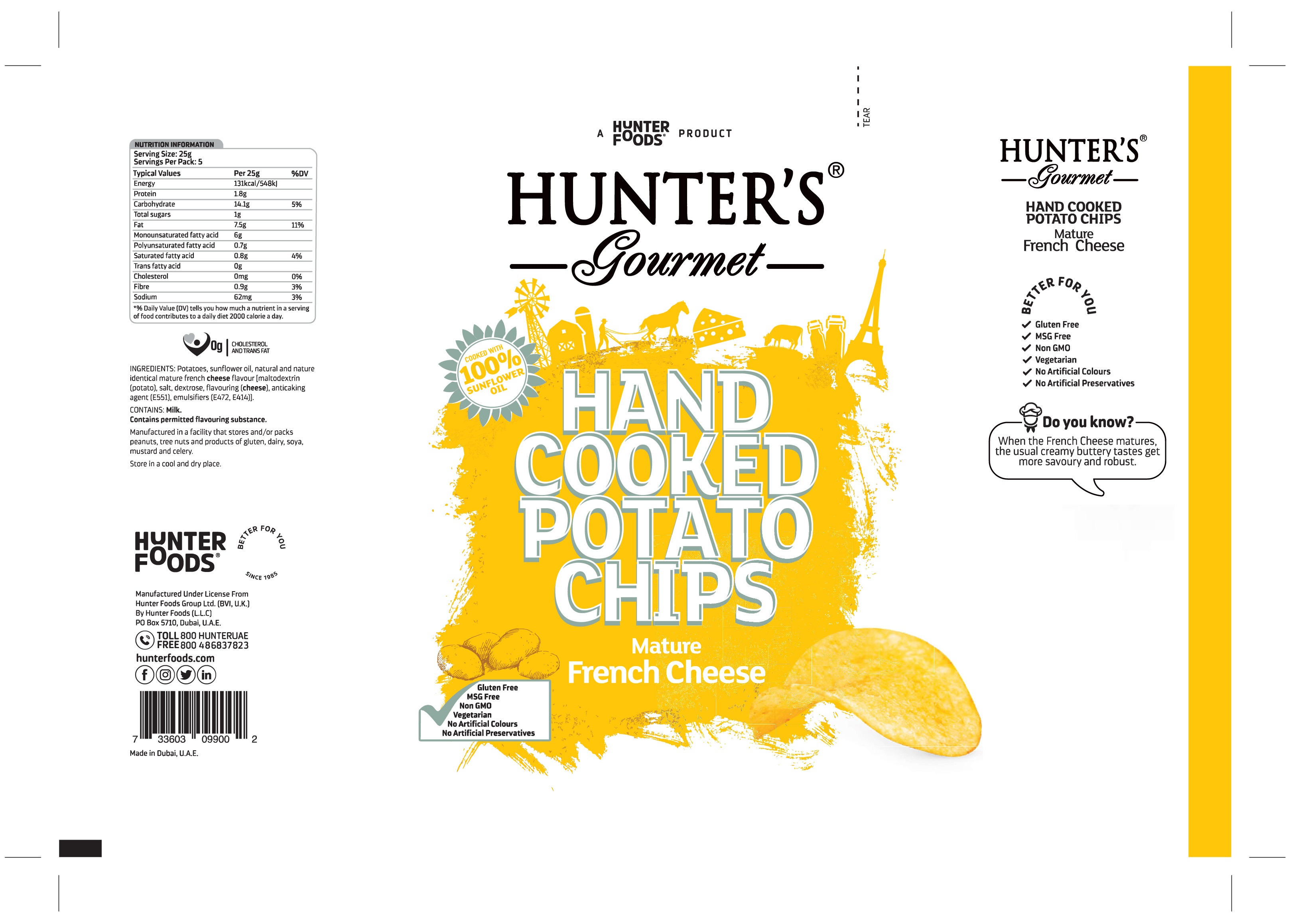 Hunter's Gourmet Hand Cooked Potato Chips Mature French Cheese 12 units per case 125 g Product Label