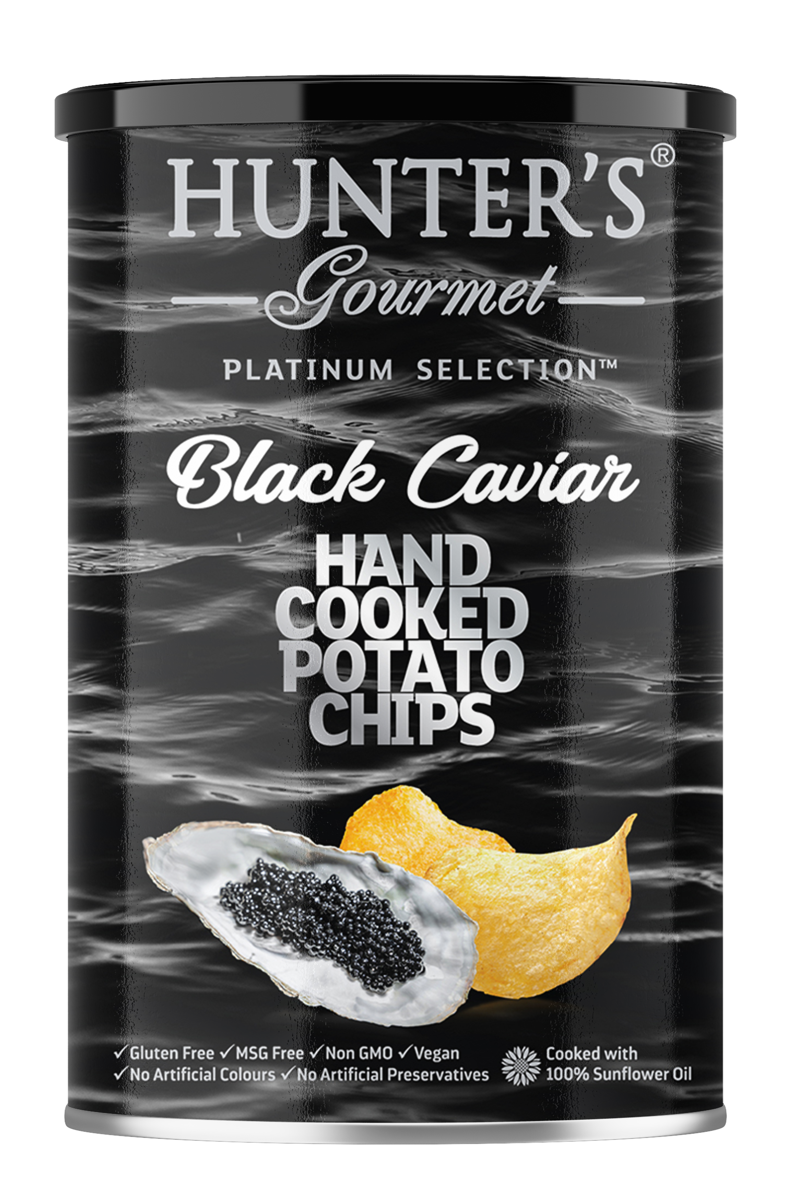 Hunter's Gourmet Hand Cooked Potato Chips Black Caviar 12 units per case 150 g