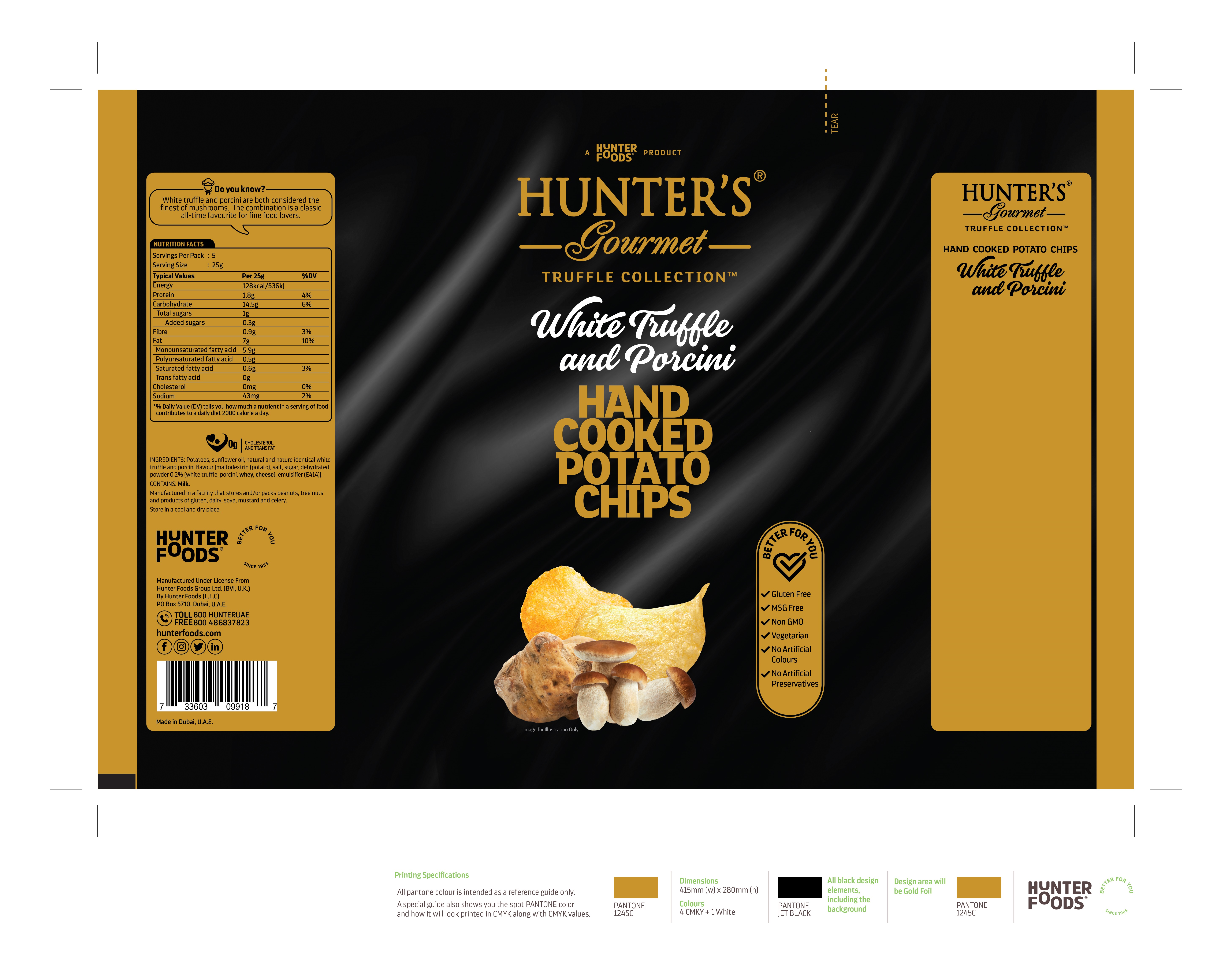 Hunter's Gourmet Hand Cooked Potato Chips White Truffle and Porcini 12 units per case 125 g Product Label