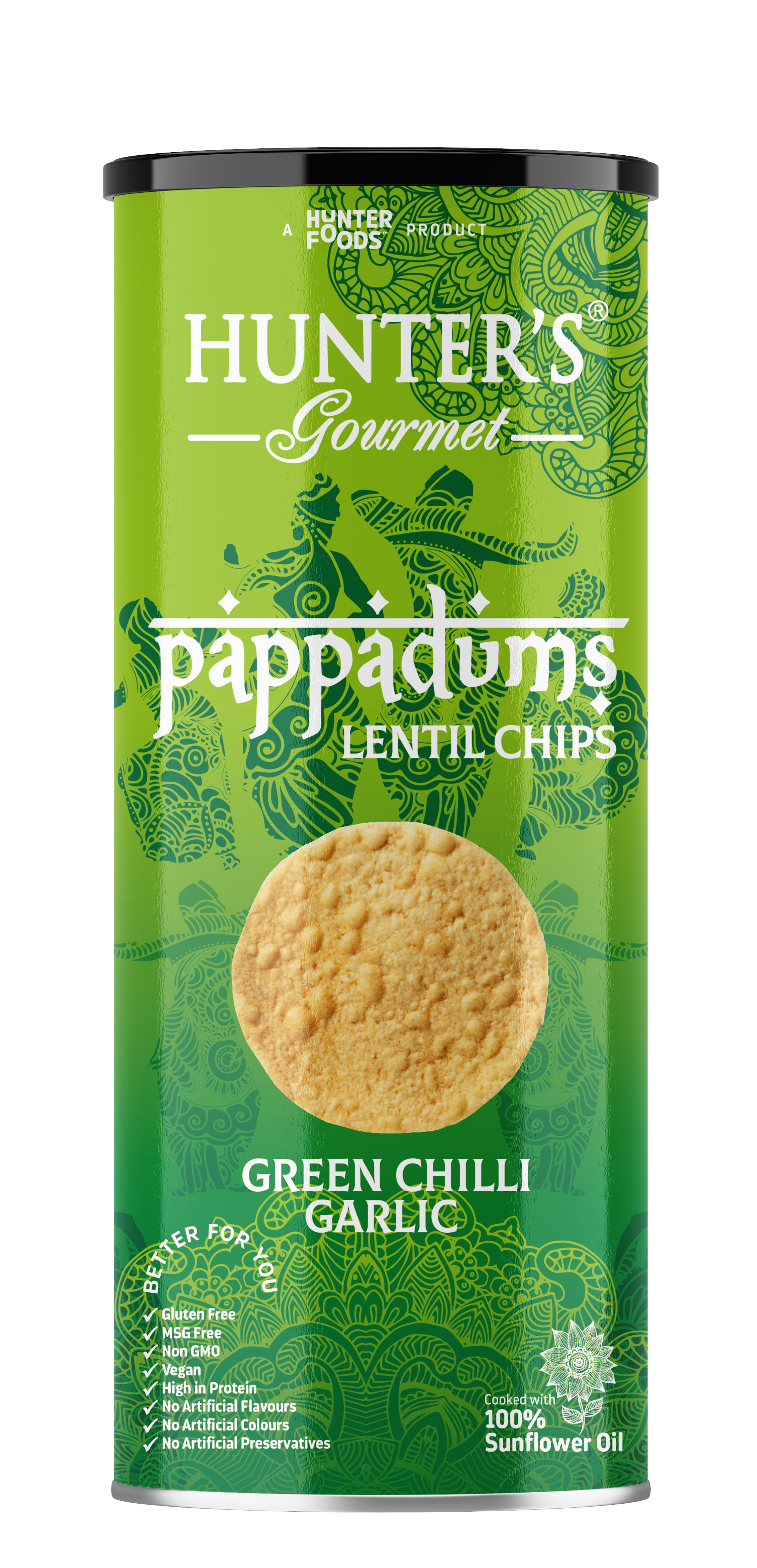 Hunter's Gourmet Pappadums Petite Lentil Chip Green Chilli Garlic 12 units per case 120 g
