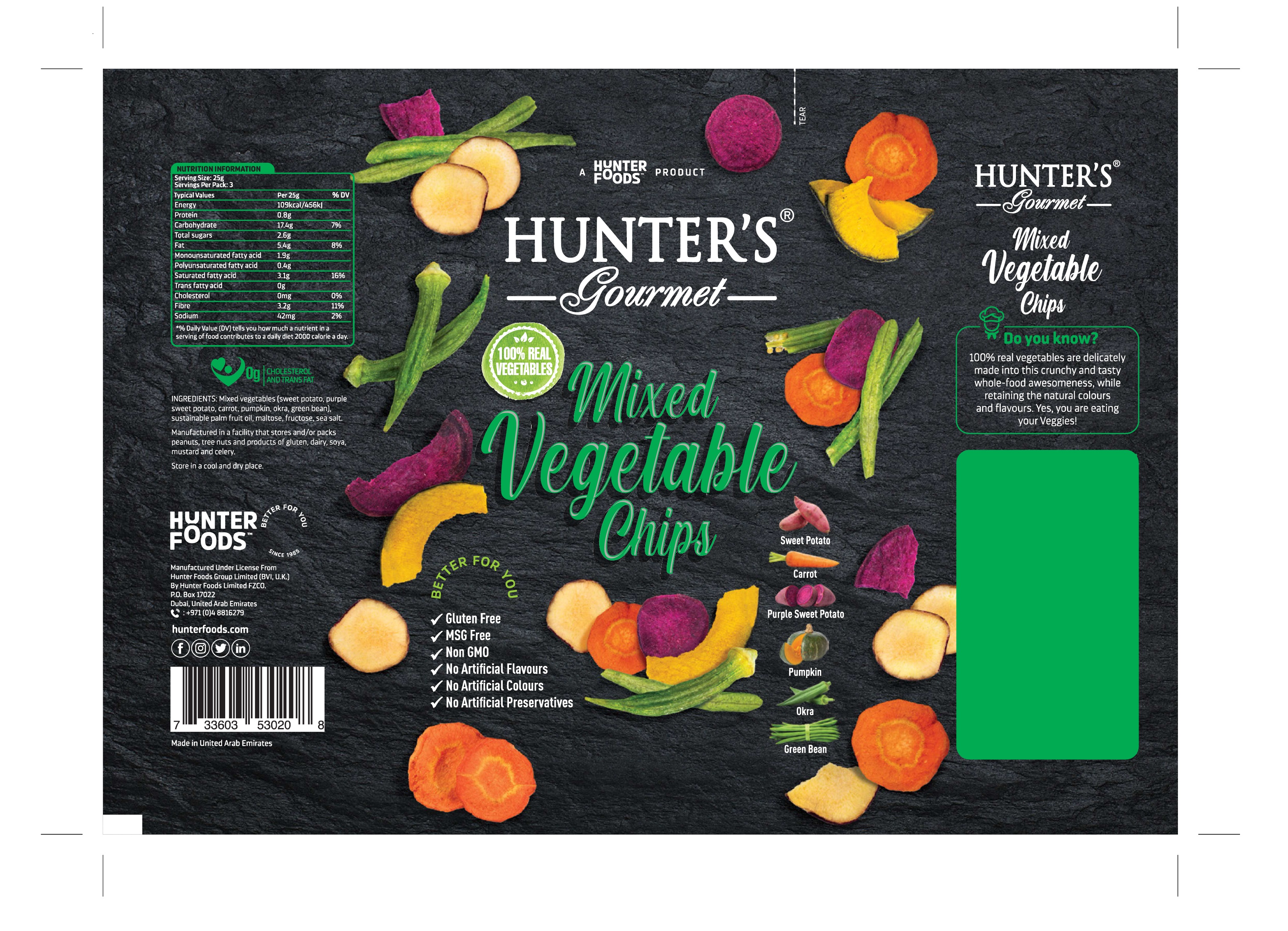 Hunter's Gourmet Mixed Vegetable Chips 24 units per case 75 g Product Label