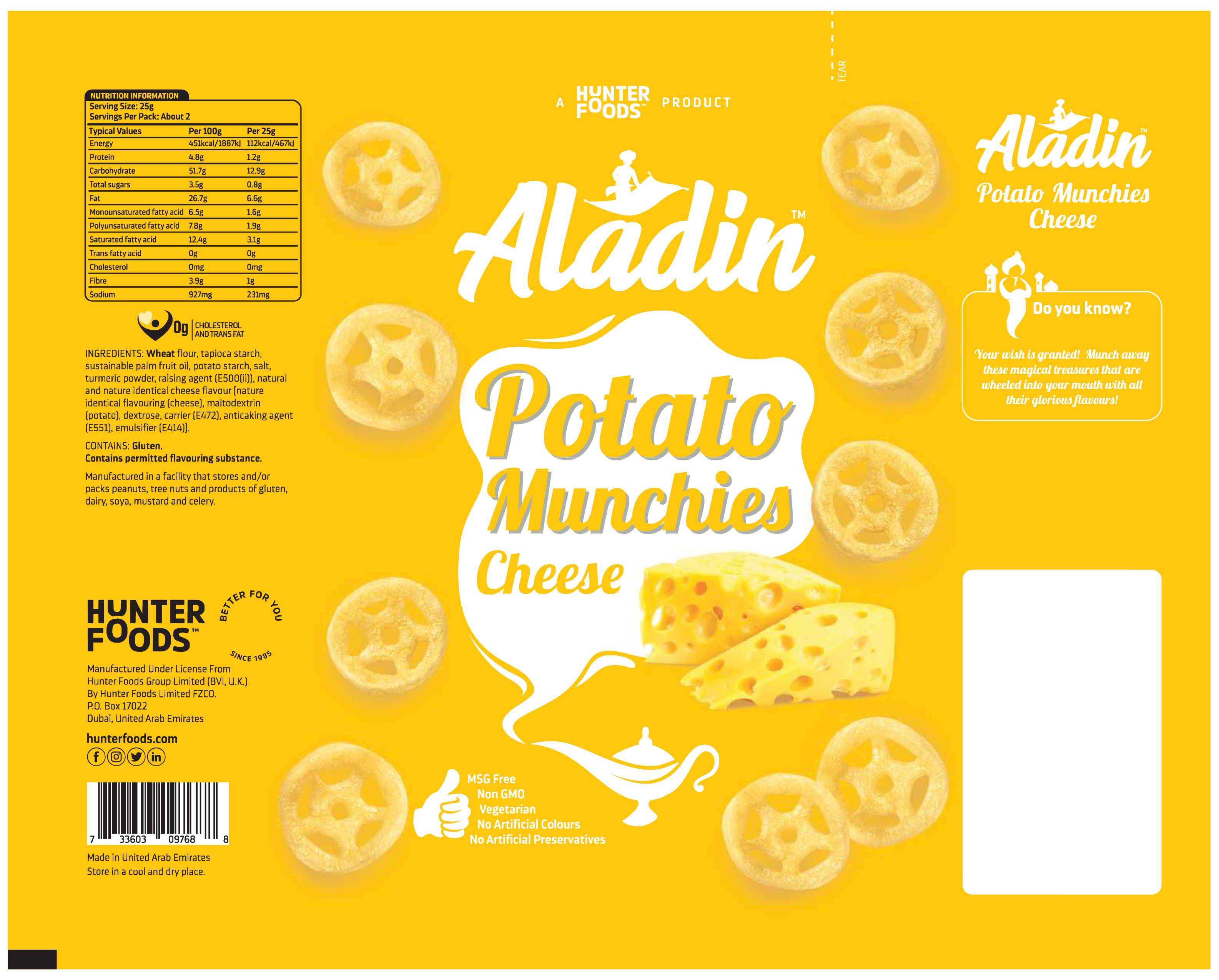 Aladin Potato Munchies Cheese 16 units per case 60 g Product Label