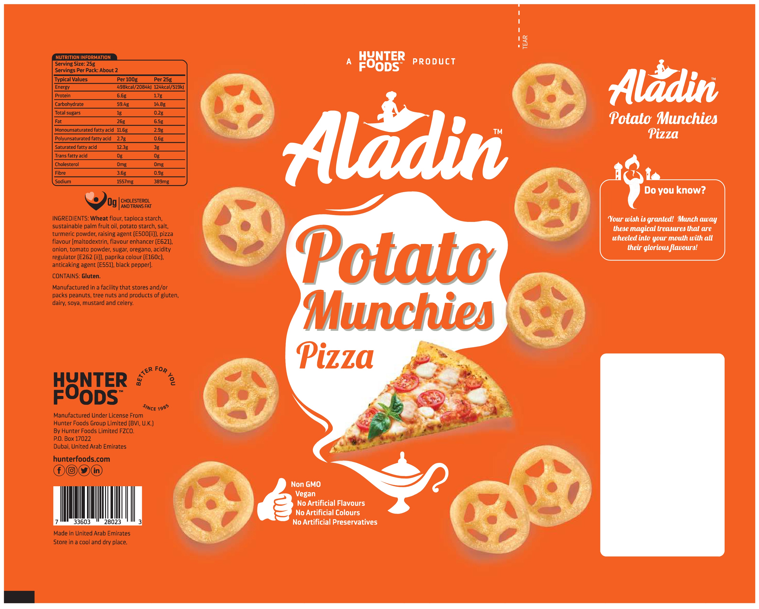 Aladin Potato Munchies Pizza 16 units per case 60 g Product Label