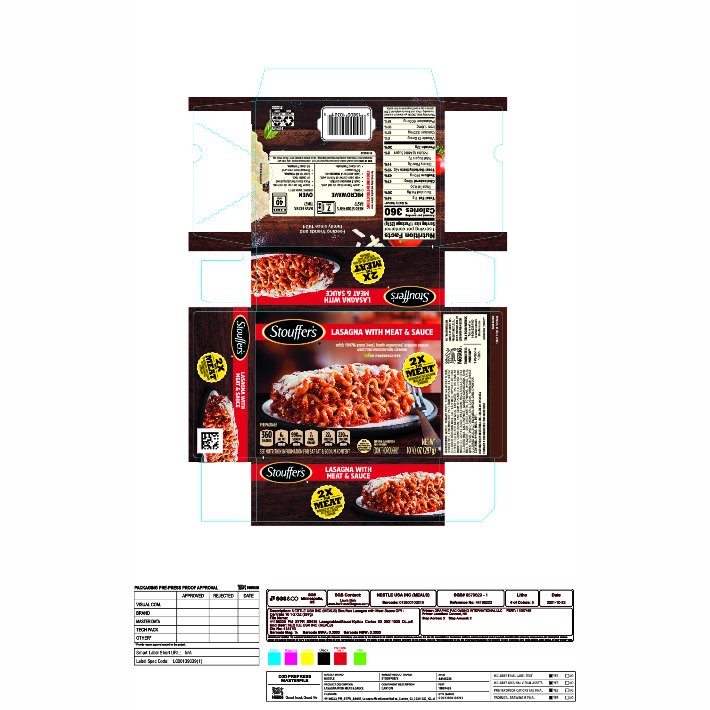 STOUFFER'S Lasagna with Meat & Sauce 12 units per case 10.5 oz Product Label