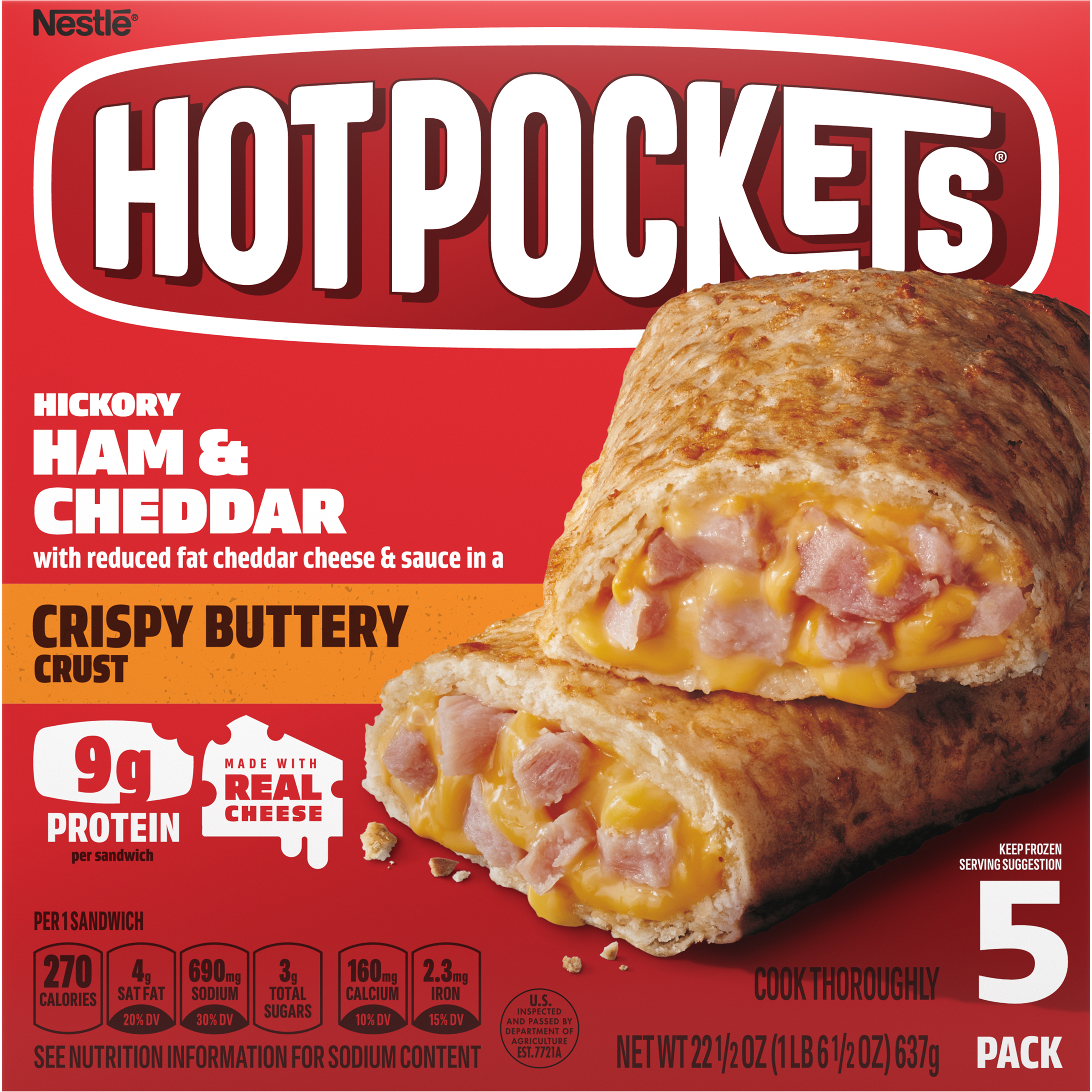 HOT POCKETS Crispy Buttery Crust Hickory Ham & Cheddar (5 Pack) 4 units per case 22.5 oz