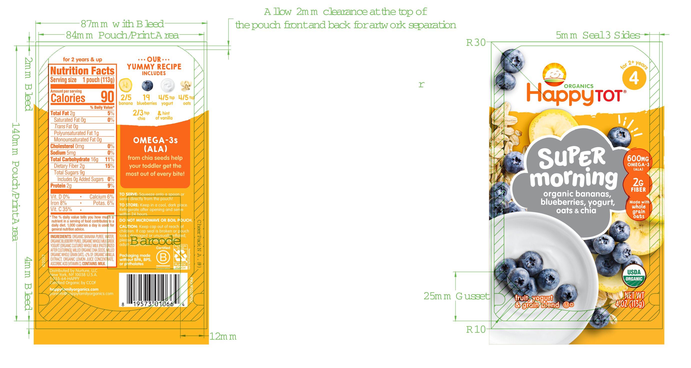 Happy Tot Super Morning Stage 4 Organic Bananas, Blueberries, Yogurt & Oats with Super Chia Pouch 16 units per case 4.0 oz Product Label
