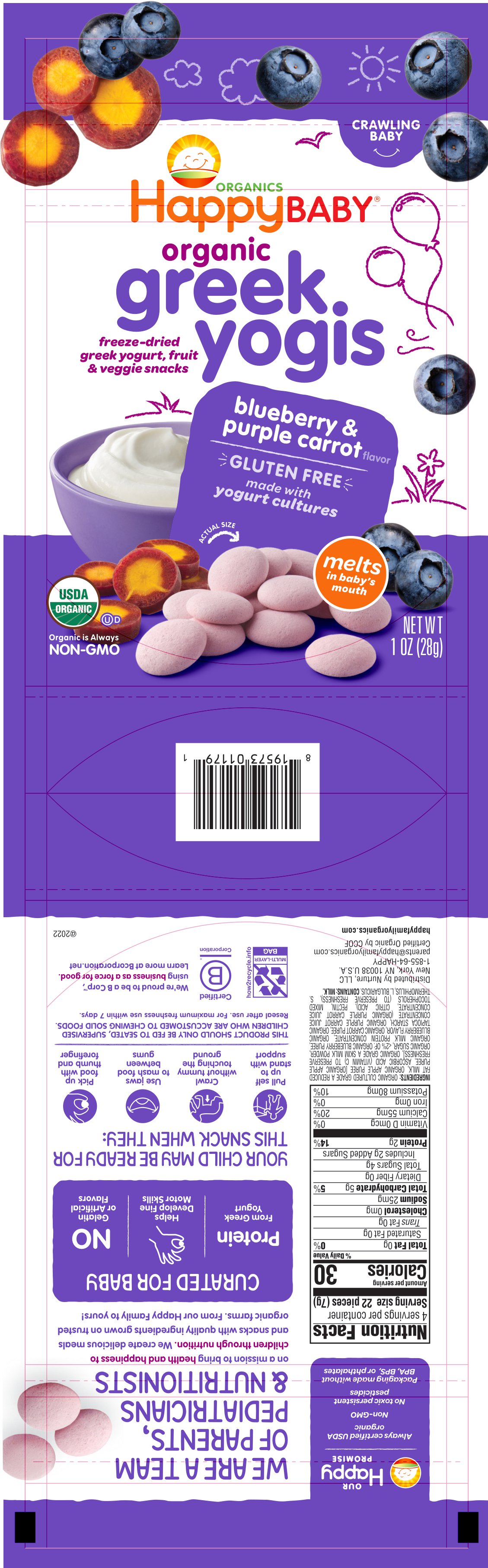 Happy Baby Greek Yogis - Blueberry & Purple Carrot Baby 1oz 8 units per case 1.0 oz Product Label
