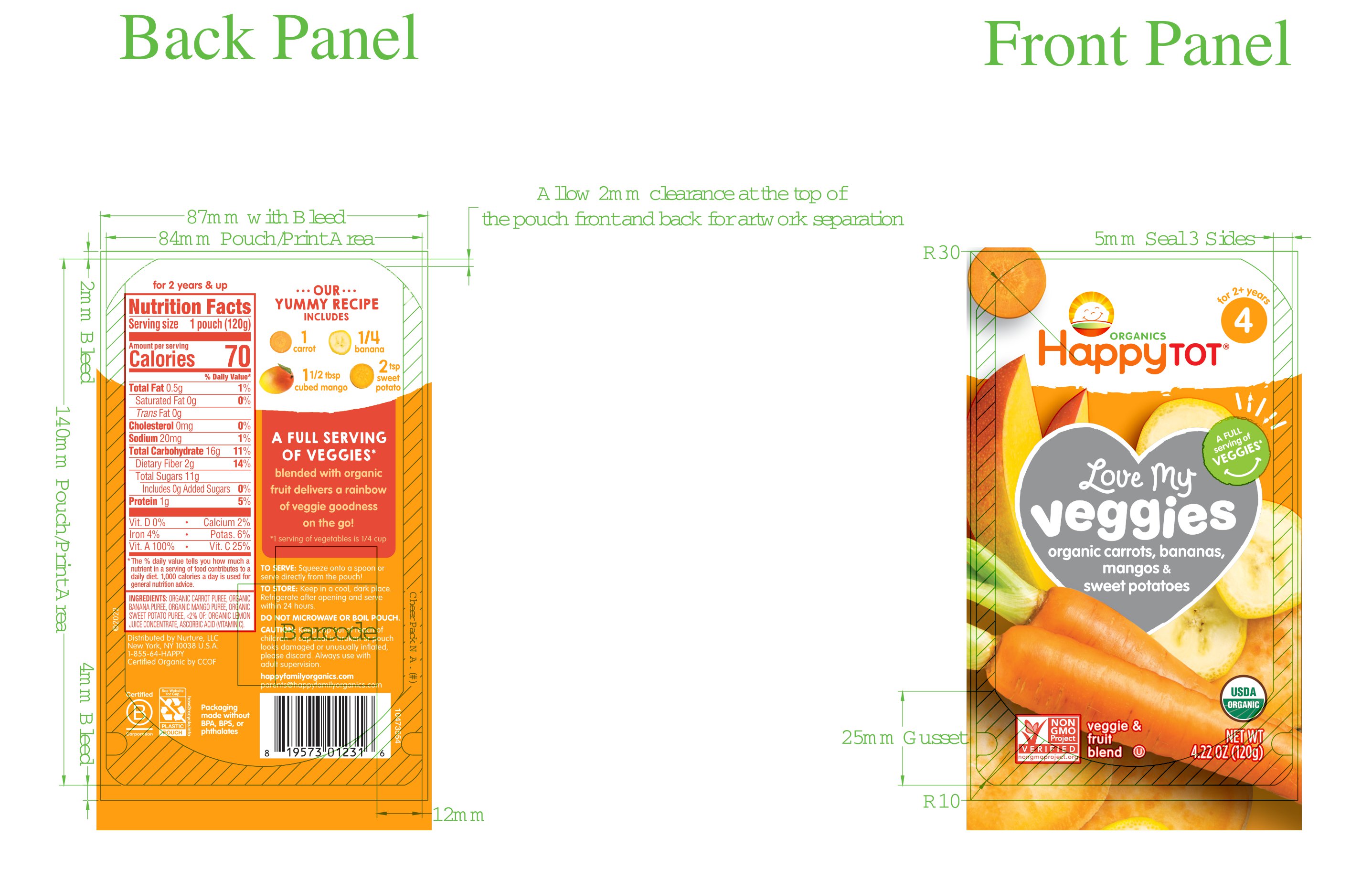 Happy Tot S4 - Veggie & Fruit Blend, Carrots, Bananas, Mangos & Sweet Potatoes 4.2Oz pouch 16 units per case 4.2 oz Product Label