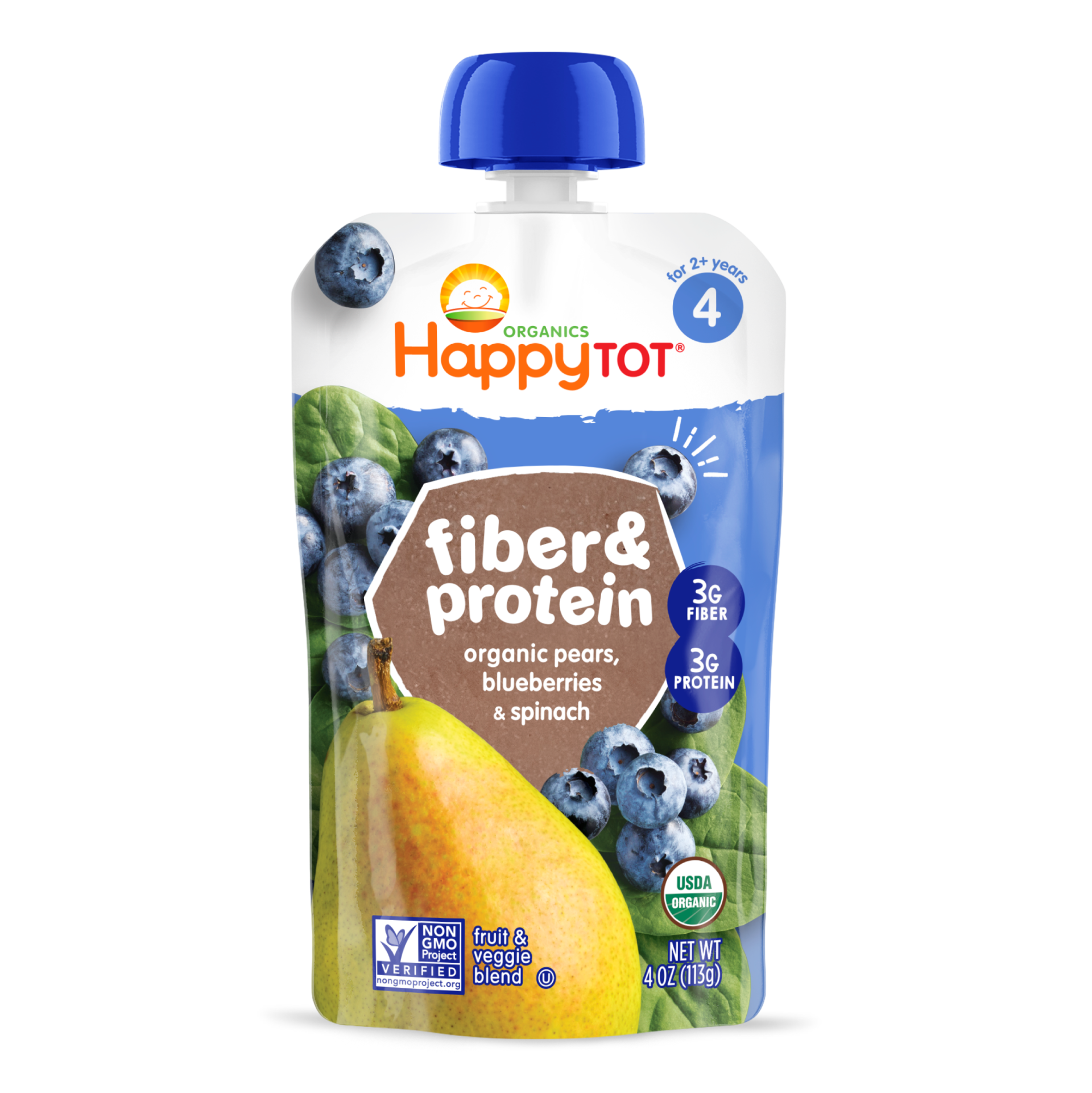 Happy Tot Fiber & Protein Stage 4 Pears, Blueberries & Spinach Pouch 16 units per case 4.0 oz