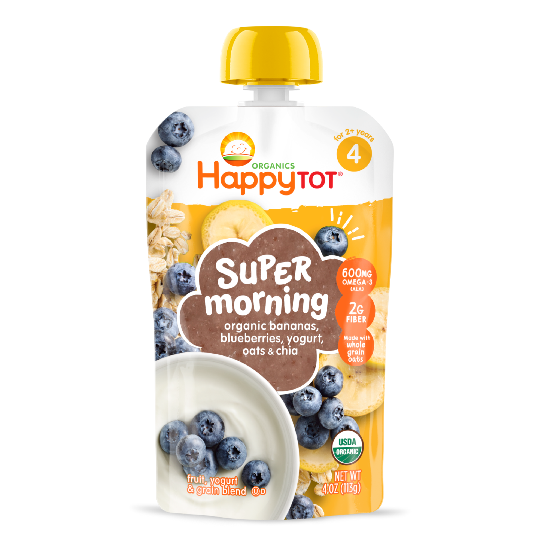 Happy Tot Super Morning Stage 4 Organic Bananas, Blueberries, Yogurt & Oats with Super Chia Pouch 16 units per case 4.0 oz
