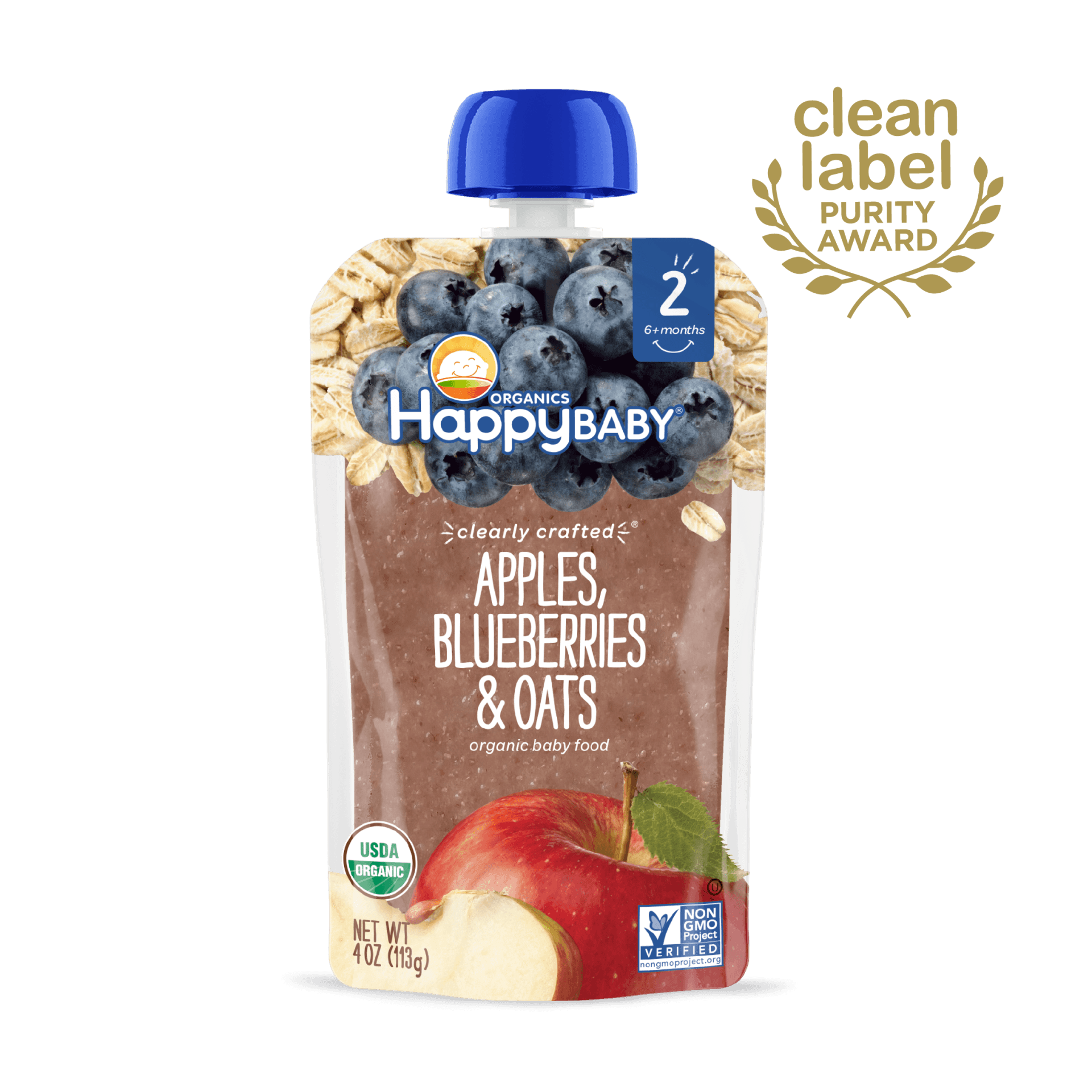 Happy Baby S2 - Clearly Crafted Apples, Blueberries & Oat 4Oz pouch 16 units per case 4.0 oz