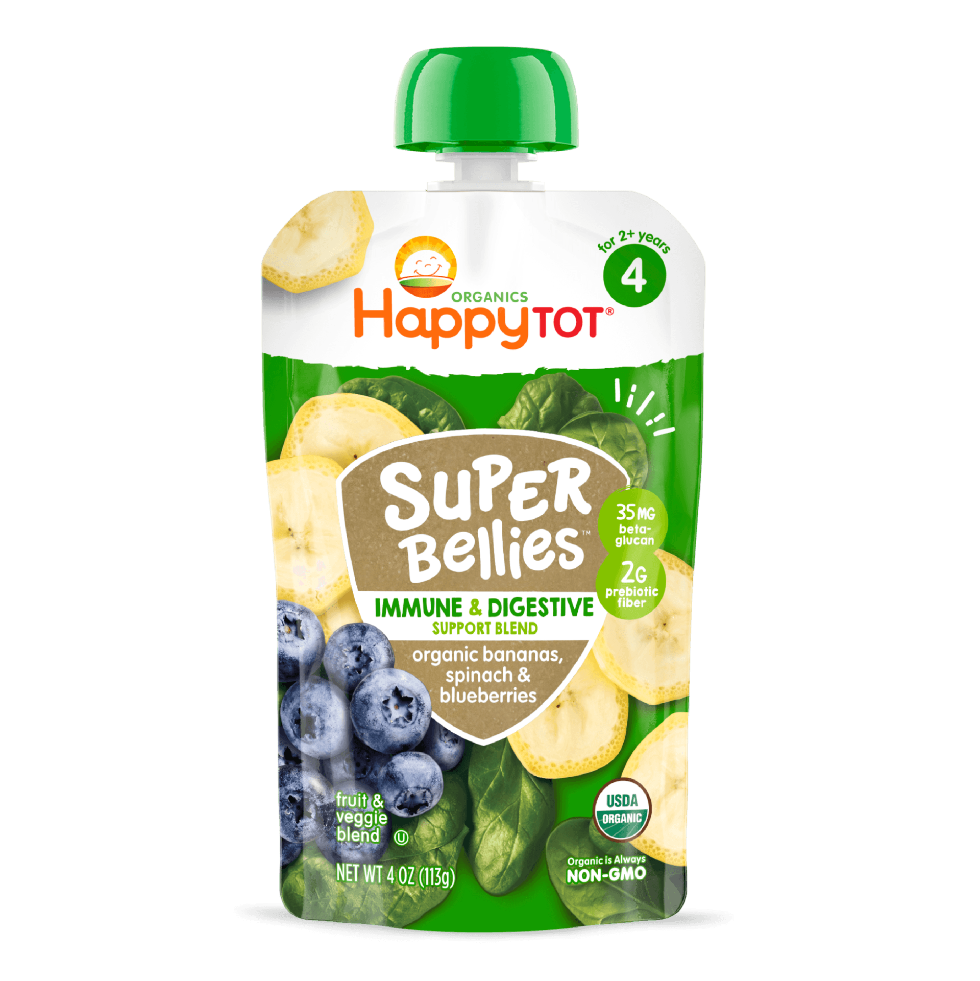 Happy Tot S4 - Super Bellies Organic Bananas Spinach & Blueberries 4Oz pouch 16 units per case 4.0 oz