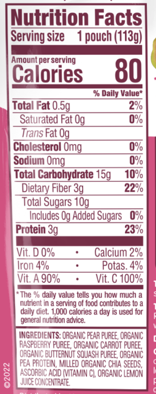 Happy Tot Fiber & Protein Stage 4 Pear, Raspberry, Butternut Squash & Carrot Pouch 16 units per case 4.0 oz