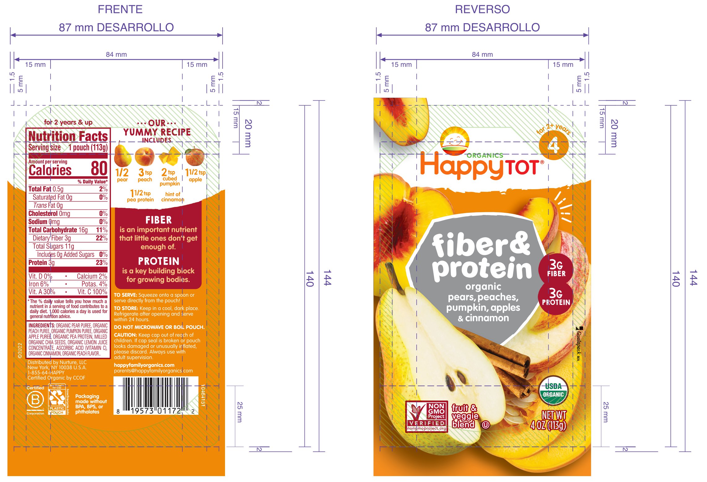 Happy Tot S4 - Fiber & Protein Organic Pears, Apples, Peaches, Pumpkin 4Oz pouch 16 units per case 4.0 oz Product Label