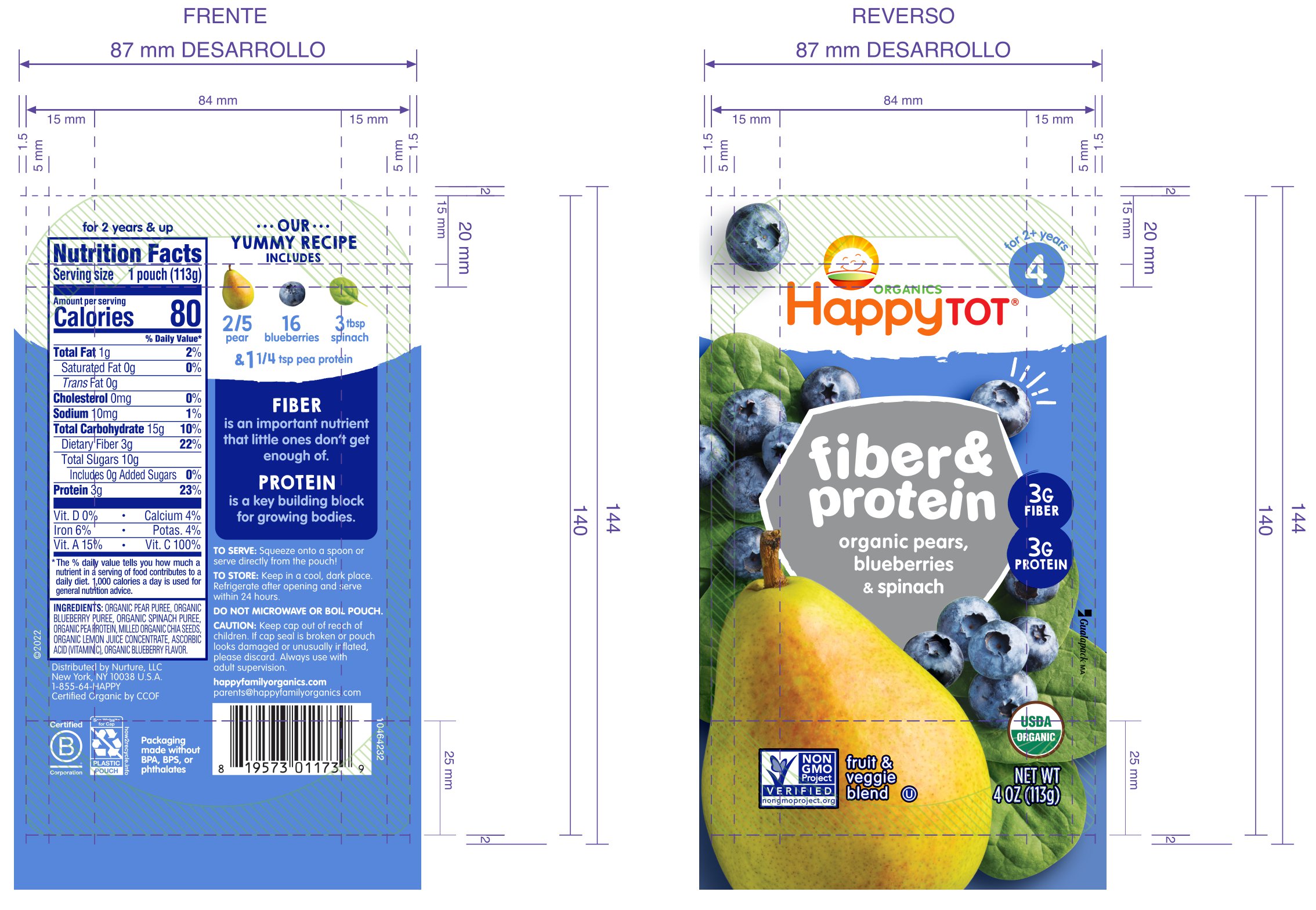 Happy Tot Fiber & Protein Stage 4 Pears, Blueberries & Spinach Pouch 16 units per case 4.0 oz Product Label