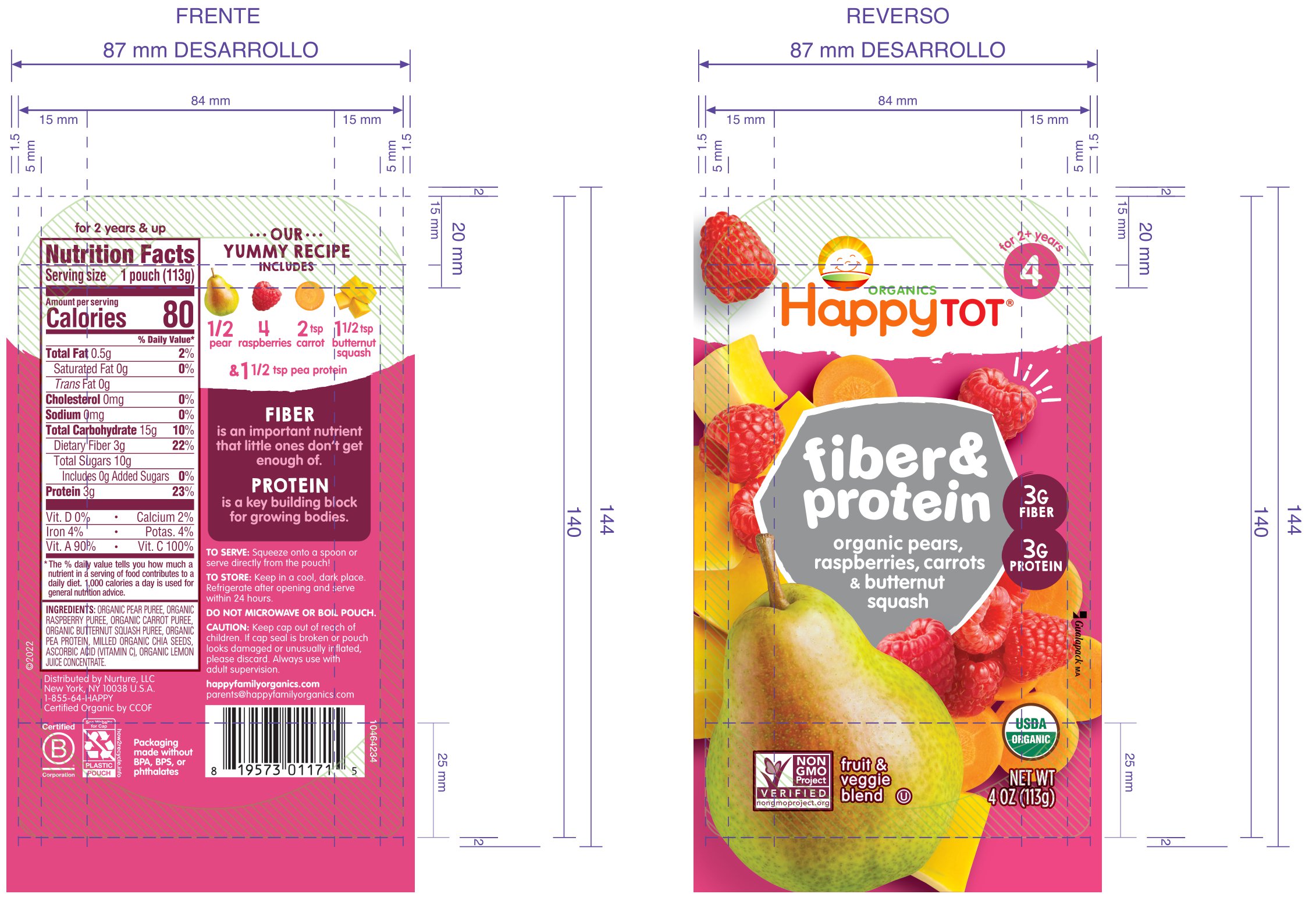 Happy Tot Fiber & Protein Stage 4 Pear, Raspberry, Butternut Squash & Carrot Pouch 16 units per case 4.0 oz Product Label