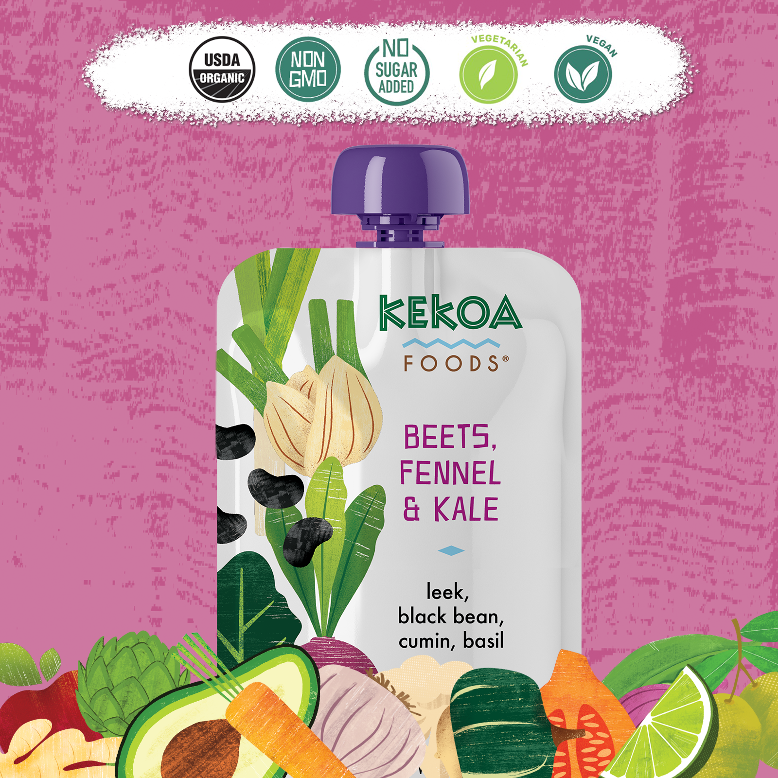 Kekoa Foods - Beets, Fennel, and Kale 6 innerpacks per case 3.5 oz Product Label