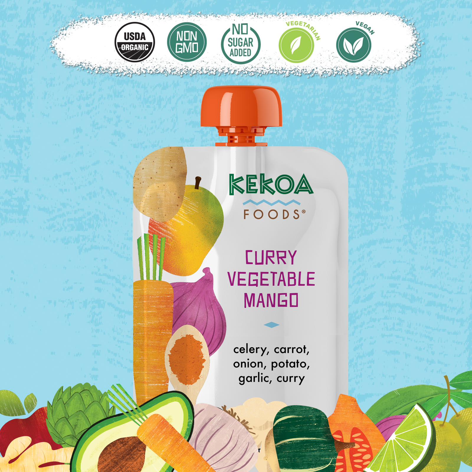 Kekoa Foods - Curry Vegetable Mango 6 innerpacks per case 3.5 oz Product Label