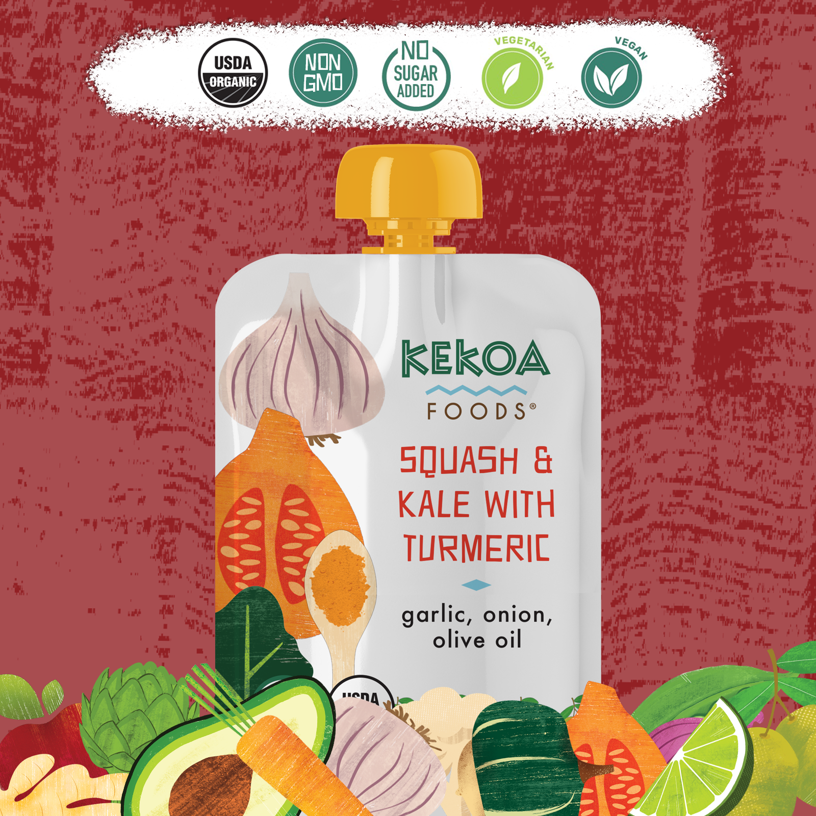 Kekoa Foods - Squash and Kale with Turmeric 6 innerpacks per case 3.5 oz Product Label