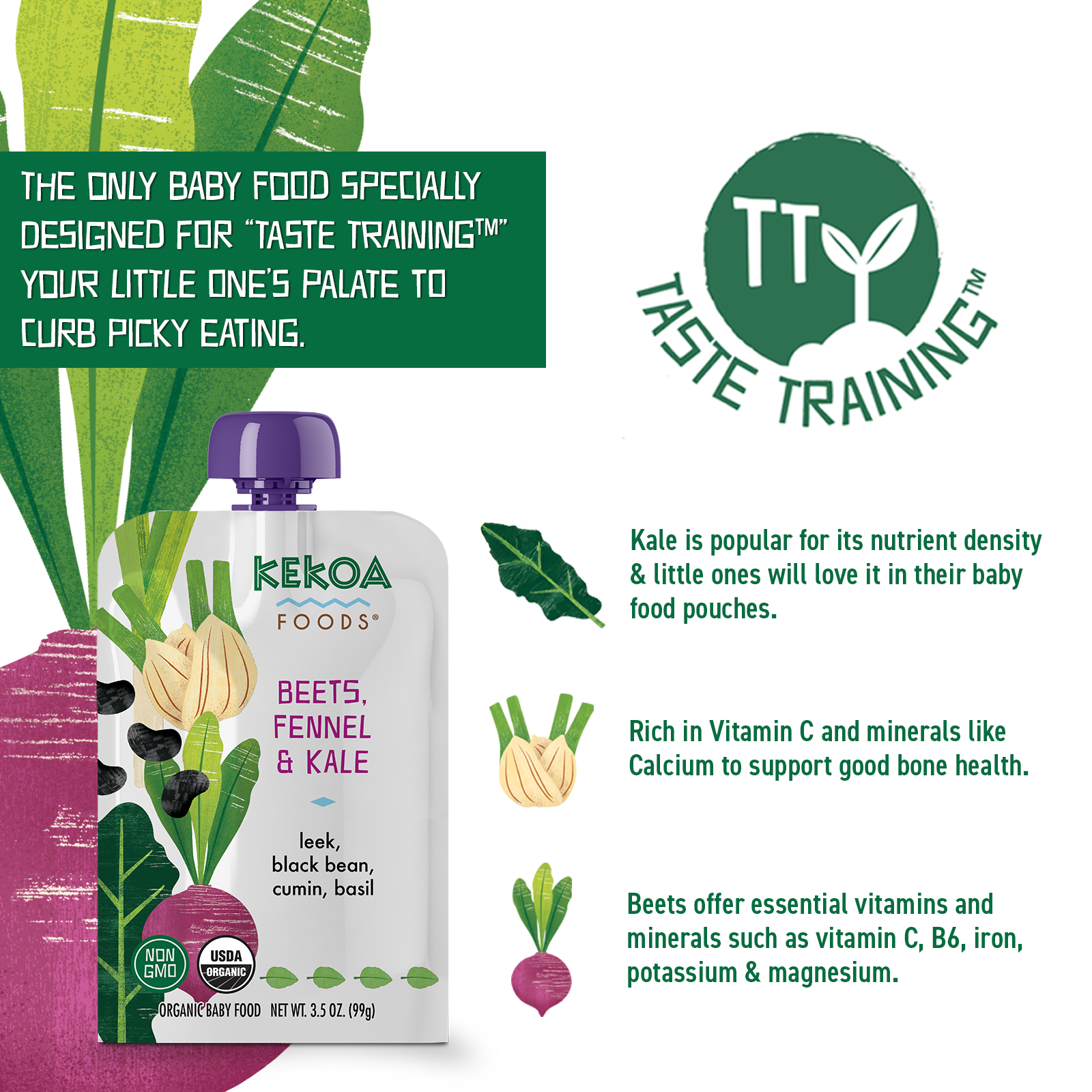 Kekoa Foods - Beets, Fennel, and Kale 6 innerpacks per case 3.5 oz Product Label