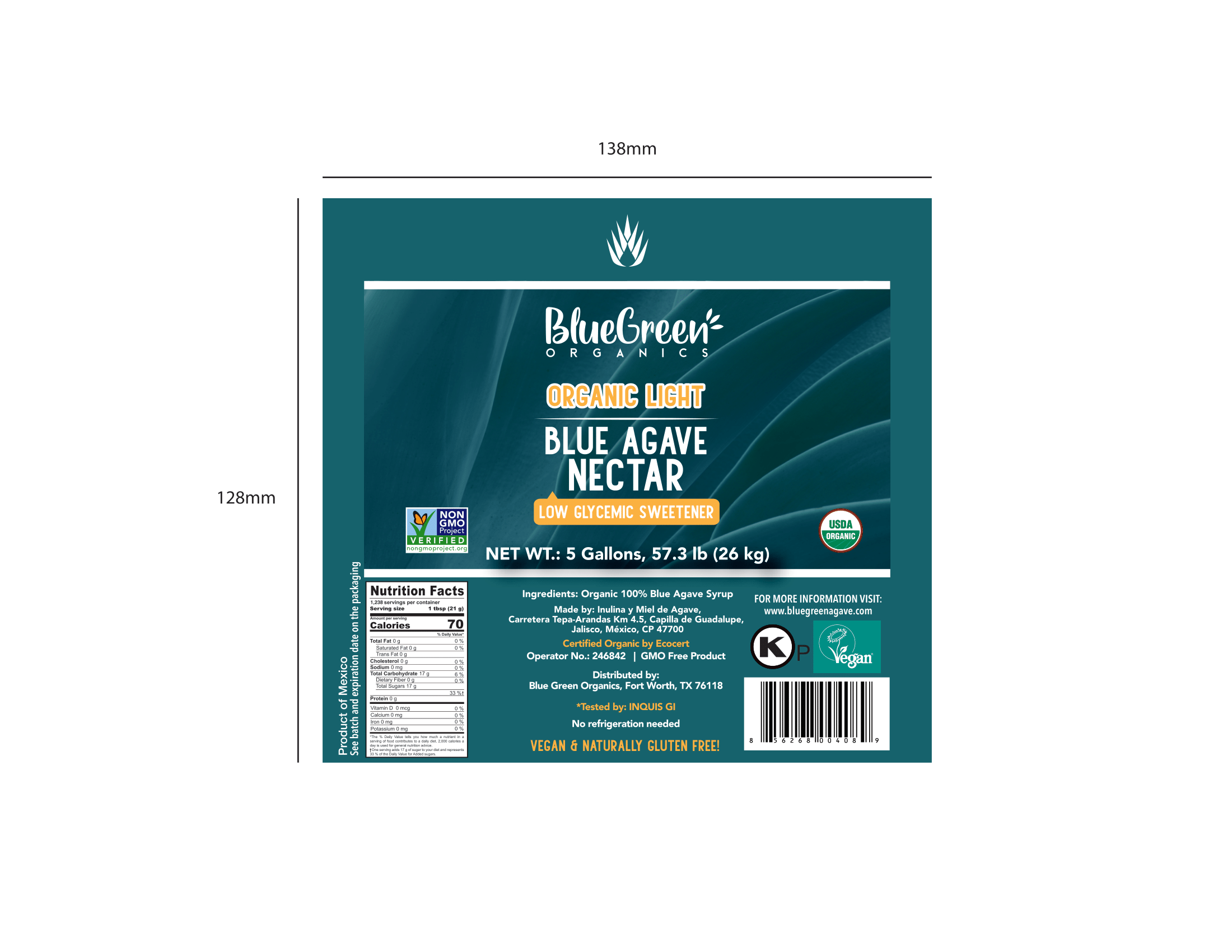 Blue Green Organics  Light Blue Agave Nectar  5 Gal 1 units per case 917.2 oz Product Label