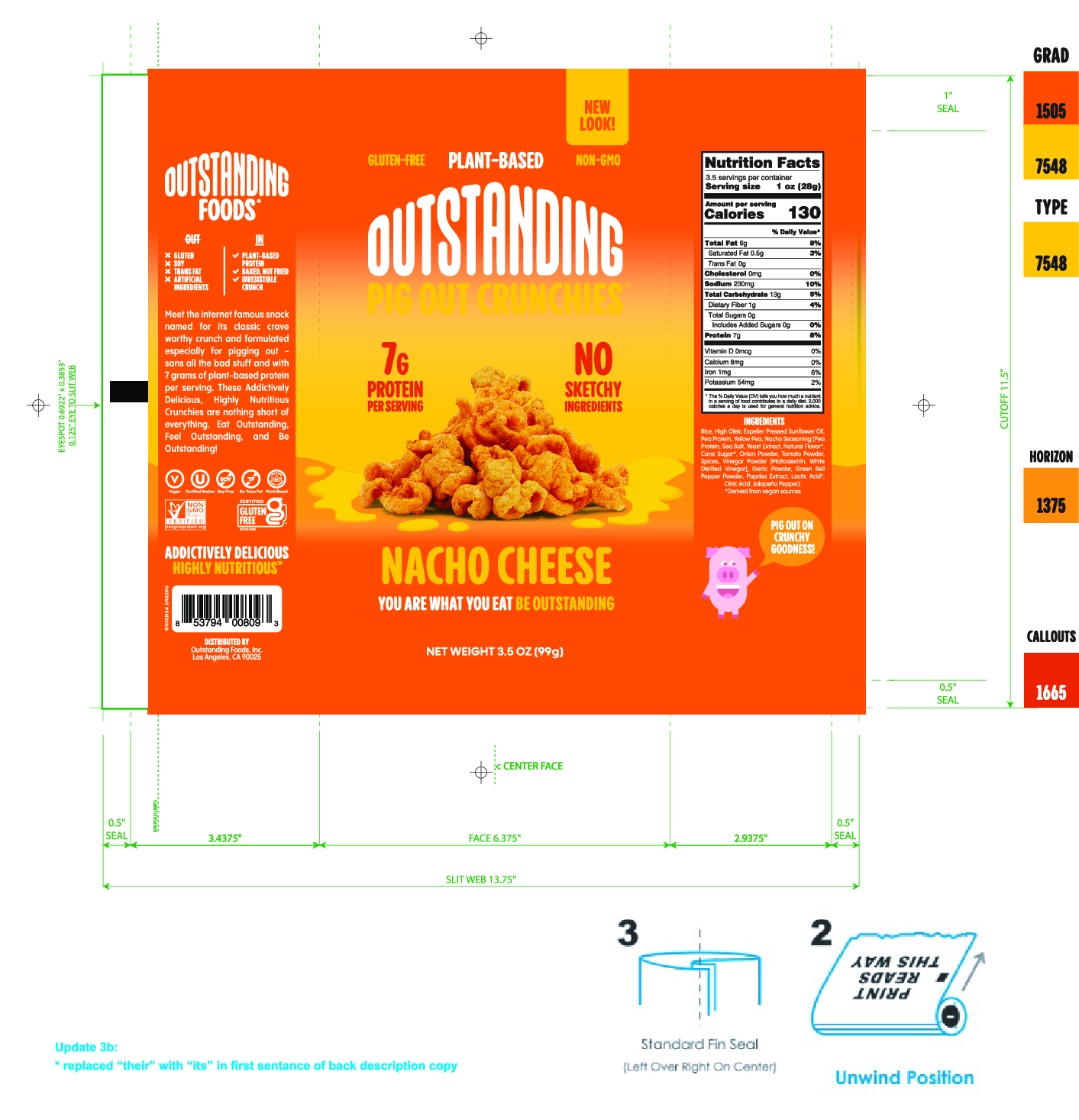 Outstanding Foods - Outstanding Pig Out Crunchies, Nacho Cheese 12 units per case 3.5 oz Product Label