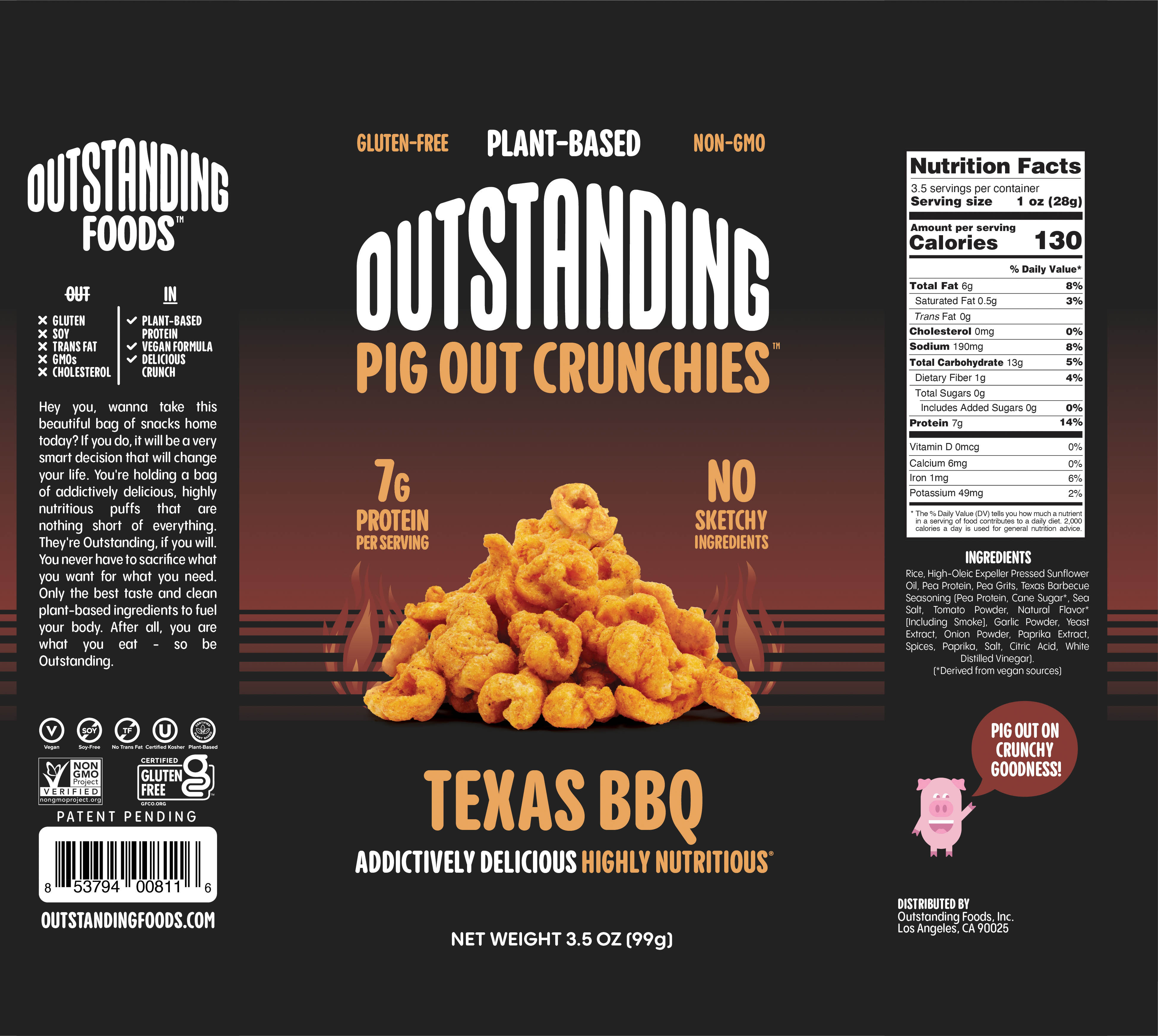 Outstanding Foods - Outstanding Pig Out Crunchies, Texas BBQ 12 units per case 3.5 oz Product Label