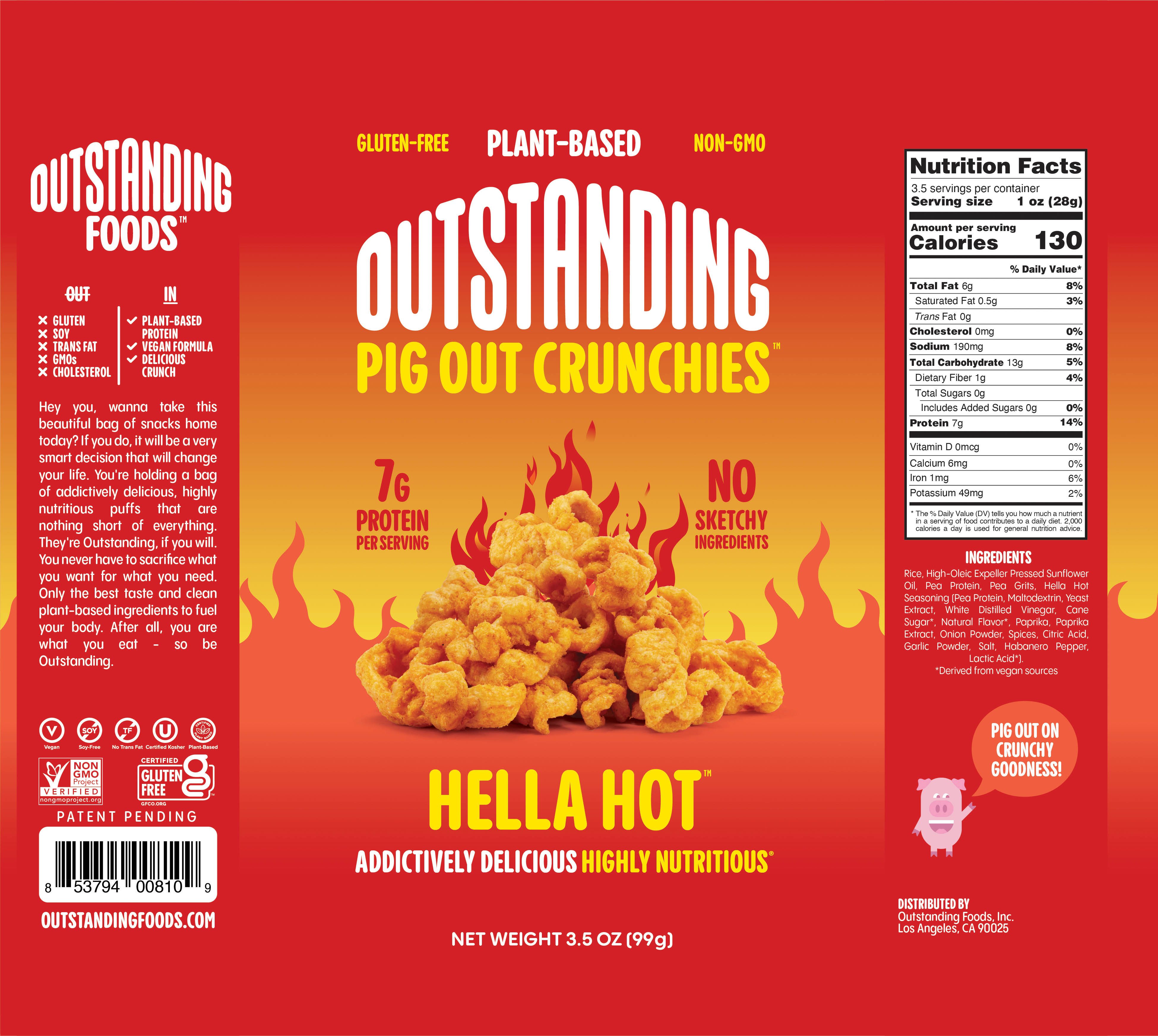 Outstanding Foods - Outstanding Pig Out Crunchies, Hella Hot 12 units per case 3.5 oz Product Label