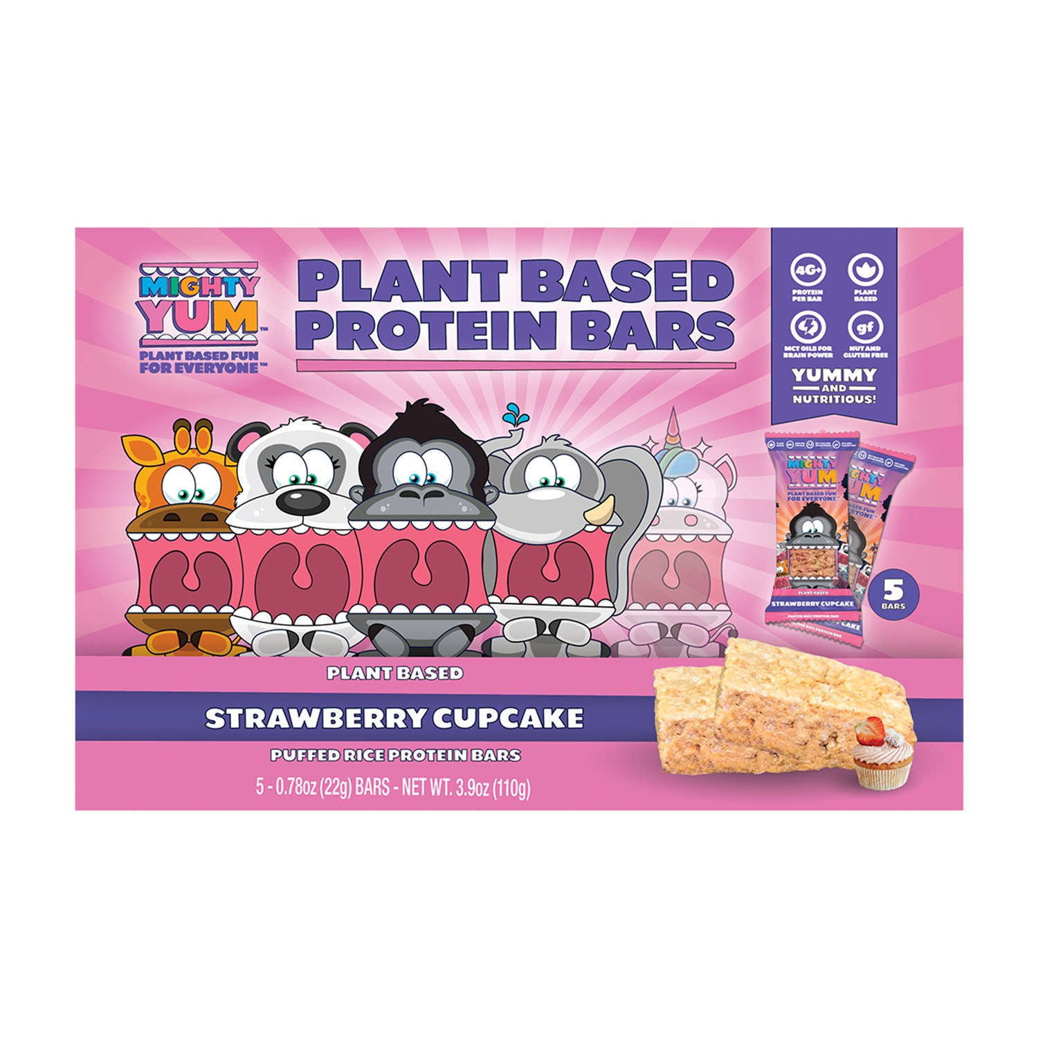 Mighty Yum Sales Box of 5 Units - Plant-Based Strawberry Cupcake Protein Bar 24 units per case 5.0 oz