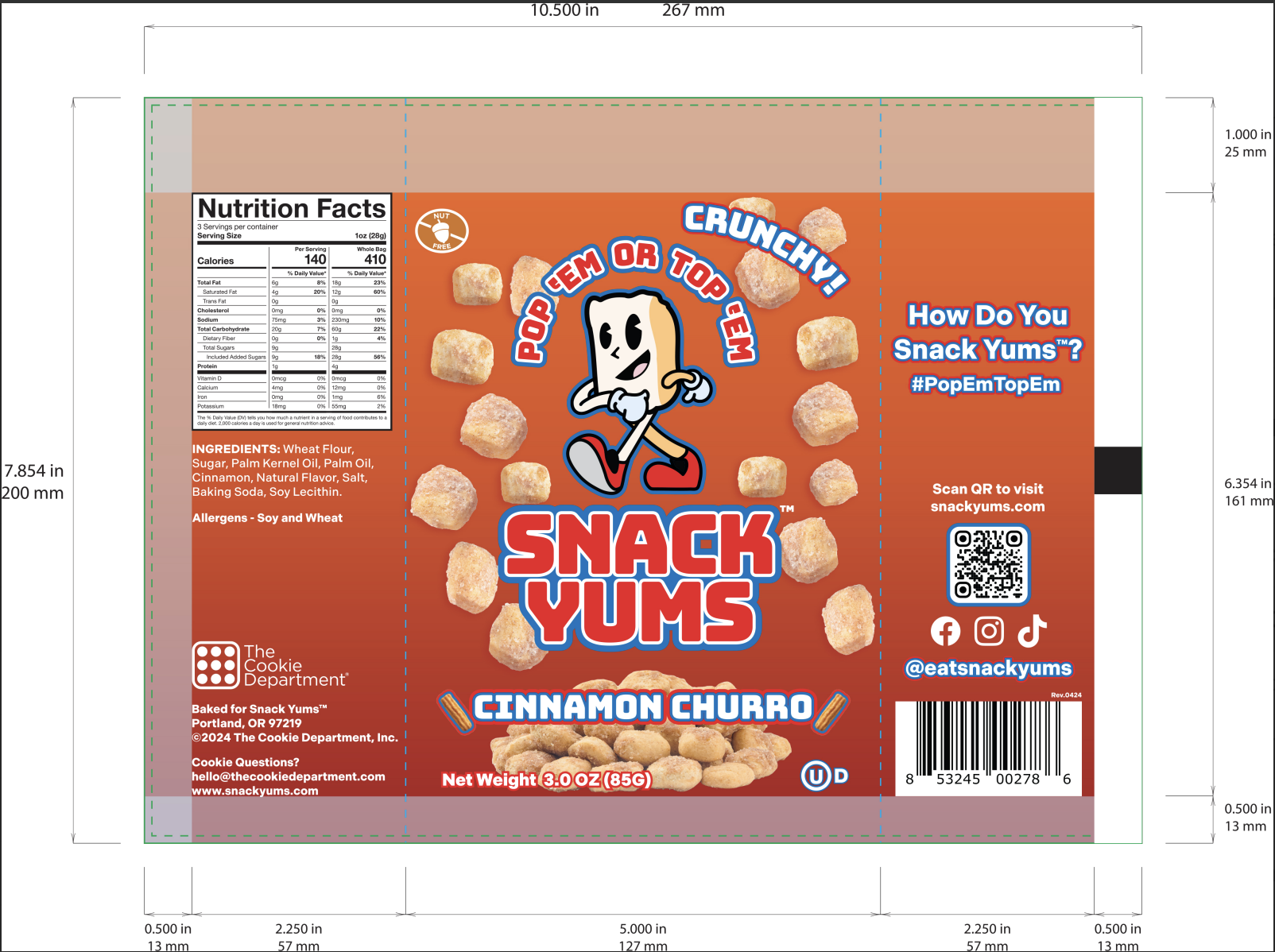Snack Yums® - Cinnamon Churro 24 units per case 3.0 oz Product Label