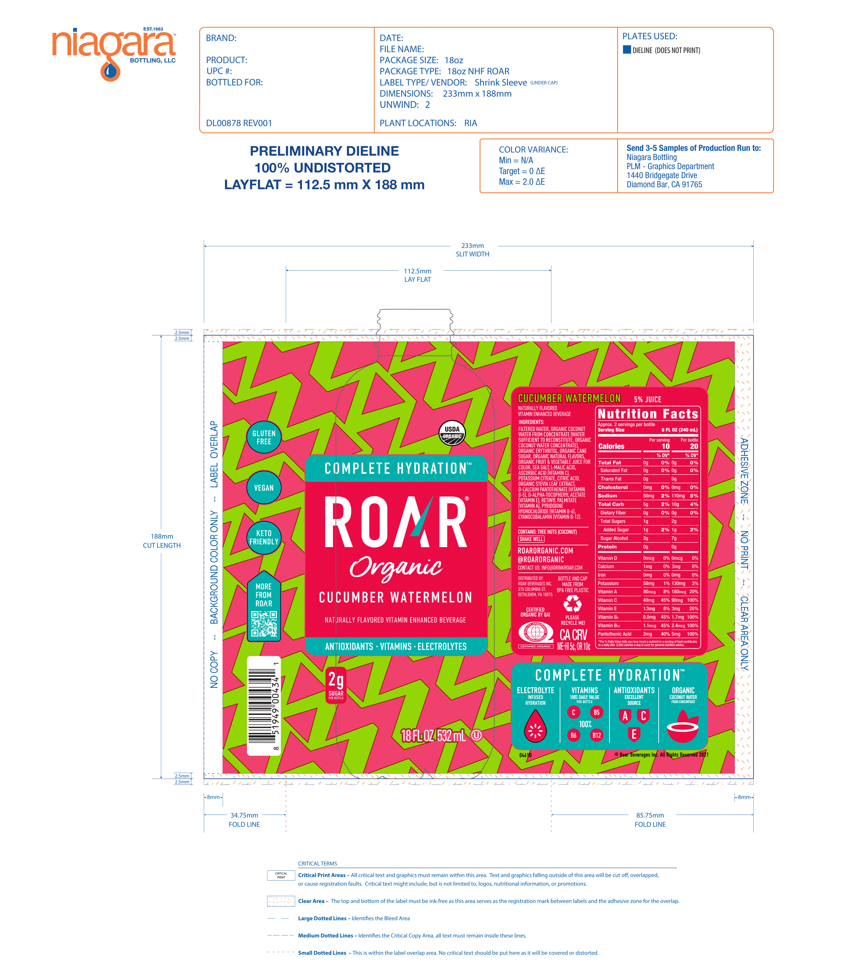 Roar Organic Cucumber Watermelon 1 units per case 18.0 oz Product Label