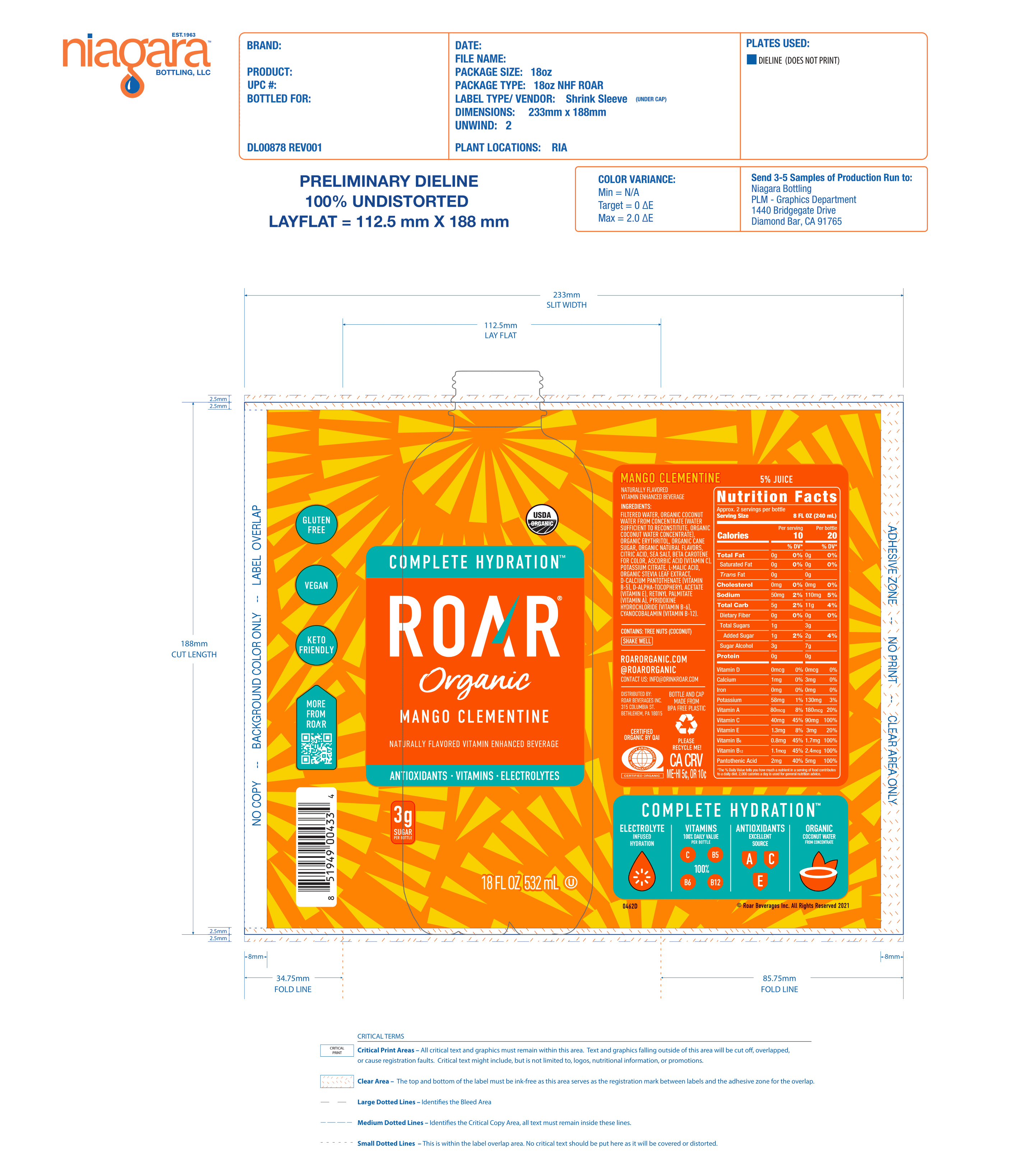Roar Organic Mango Clementine 1 units per case 18.0 oz Product Label