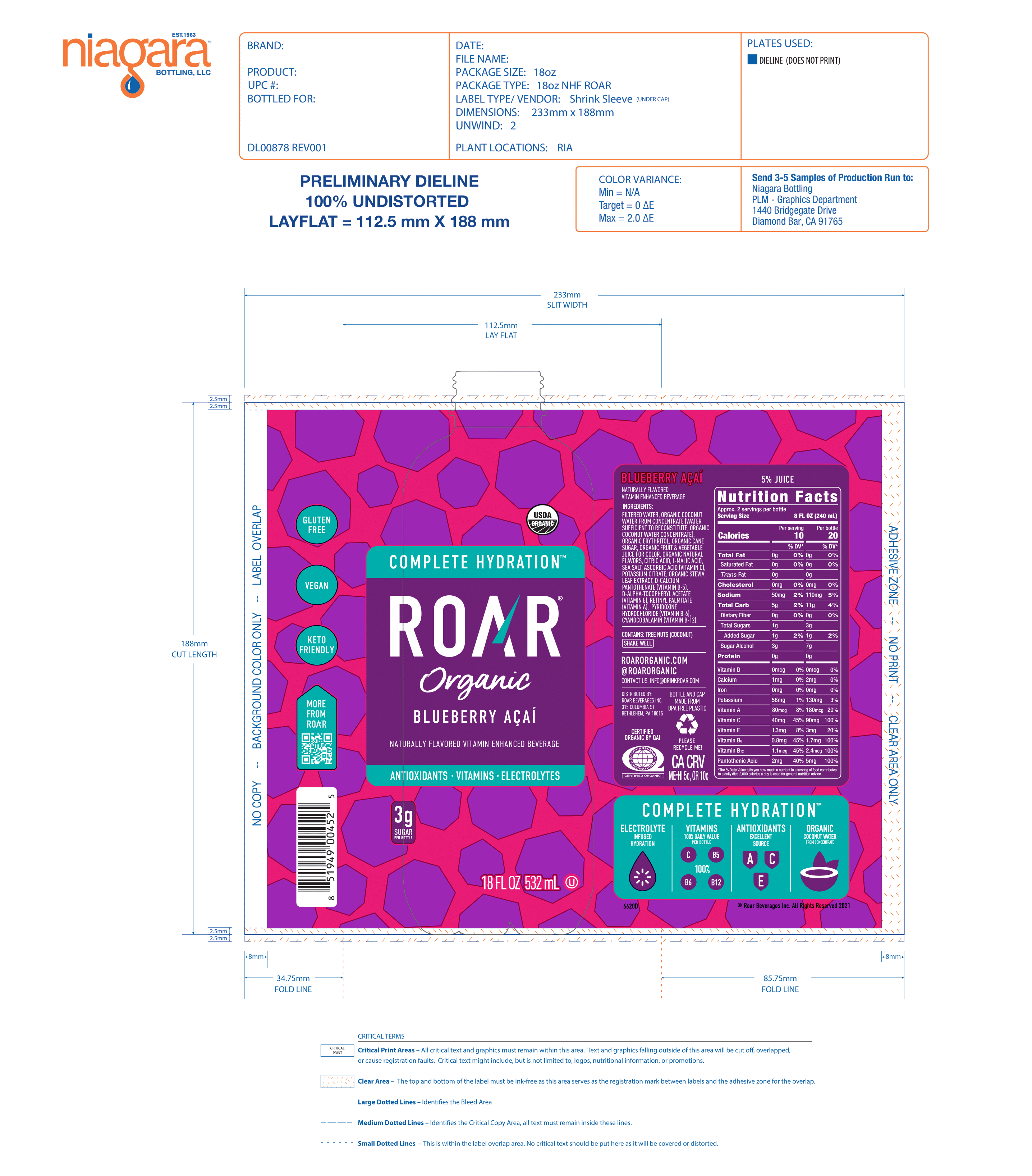 Roar Organic Blueberry Acai 1 units per case 18.0 oz Product Label