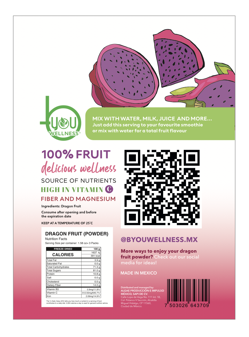 BYOU Freeze Dried Dragon Fruit Powder  4 innerpacks per case 3 g Product Label