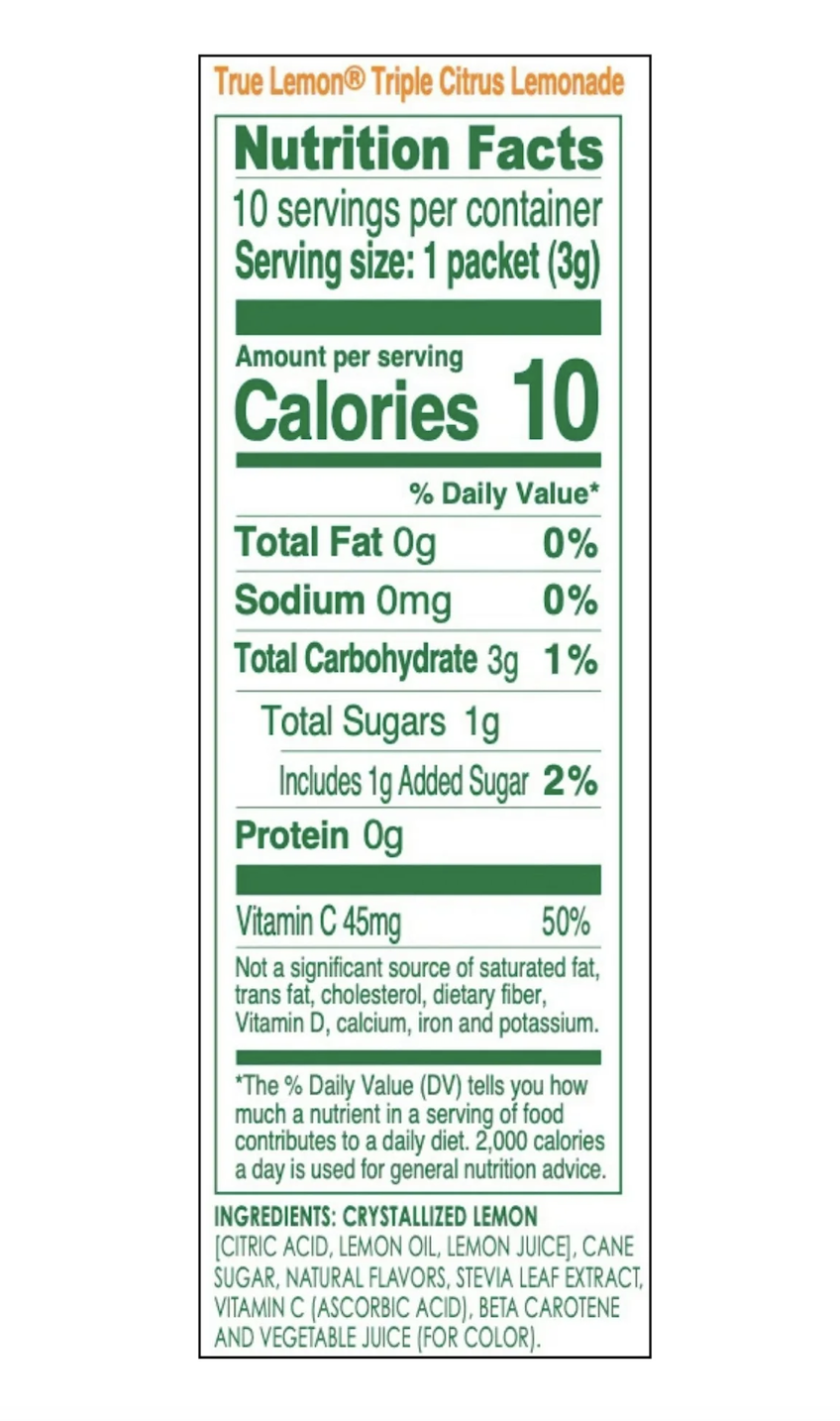 True Lemon Triple Citrus Lemonade 12 units per case 1.1 oz 12 units per case 1.1 oz Nutrition Info