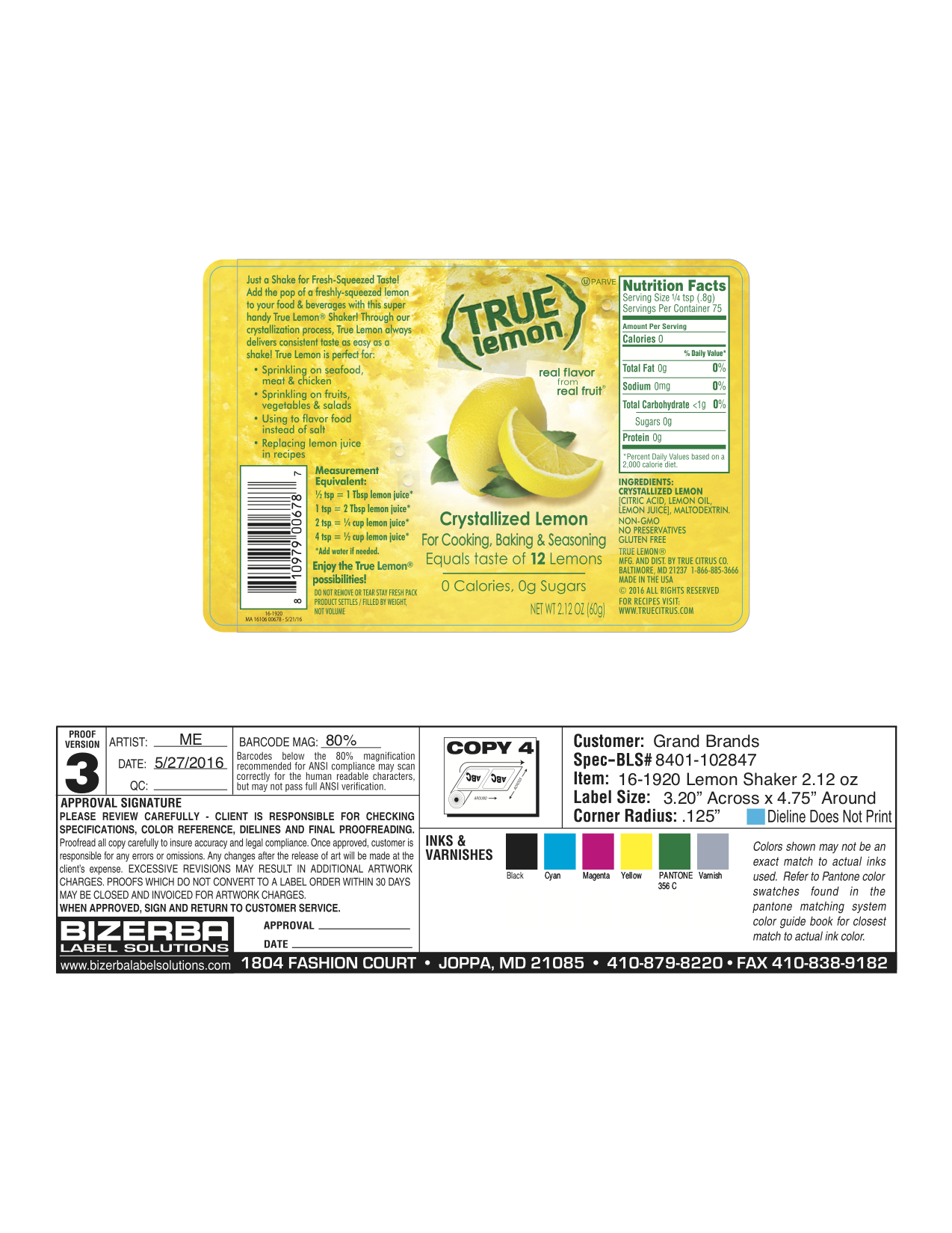 True Lemon Shaker 6 units per case 2.2 oz Product Label