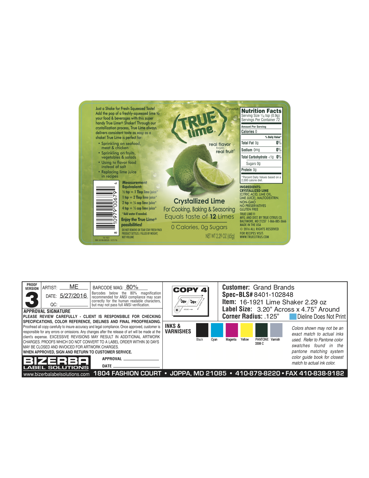 True Lime Shaker 6 units per case 2.3 oz Product Label
